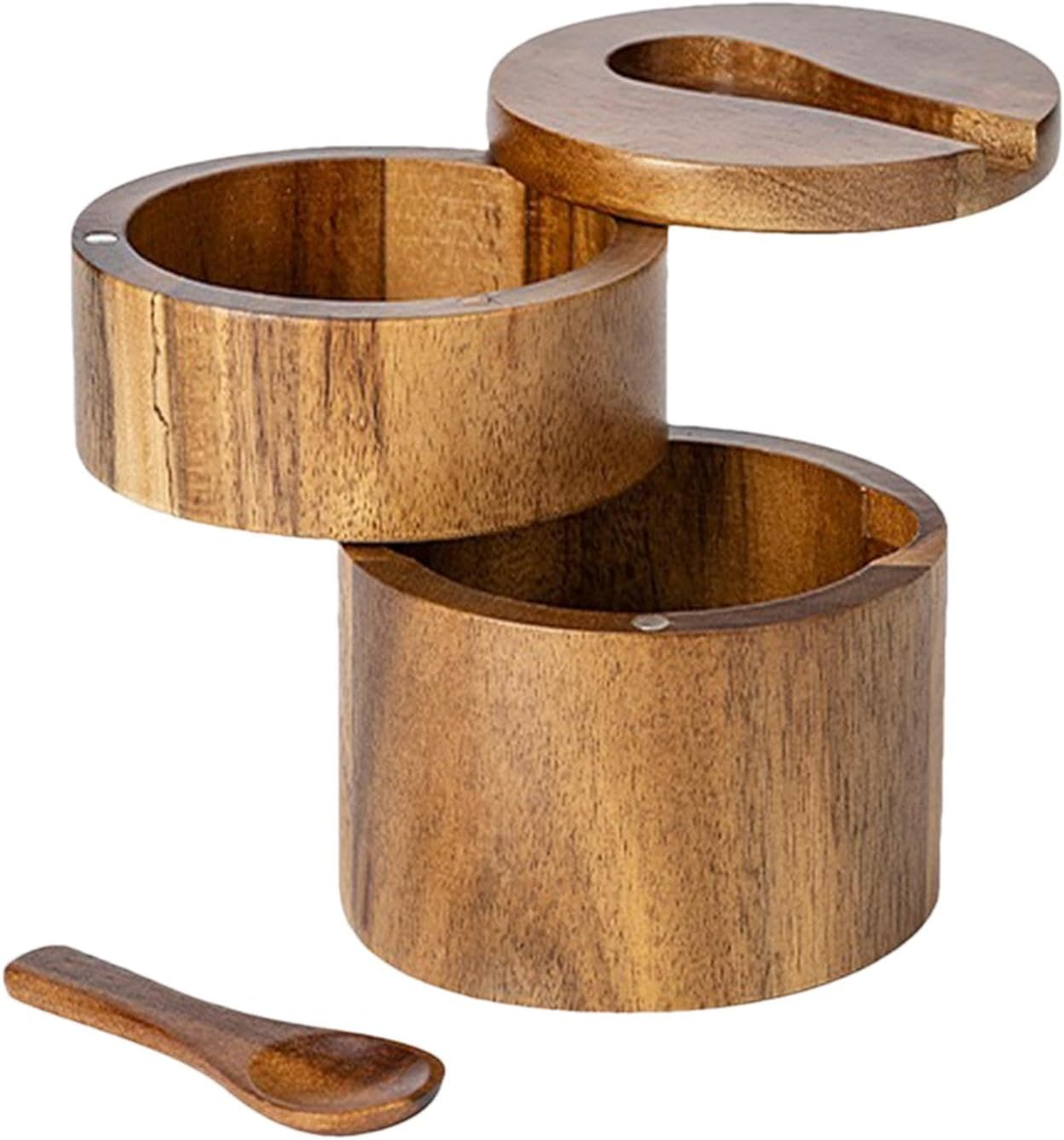 Wooden Salt Box - Sea Salt Container Box Built-In Spoon - round Salt Cellar Bowl, Salt Keeper, Double Layer Salt Pepper Box for Countertops Organizers