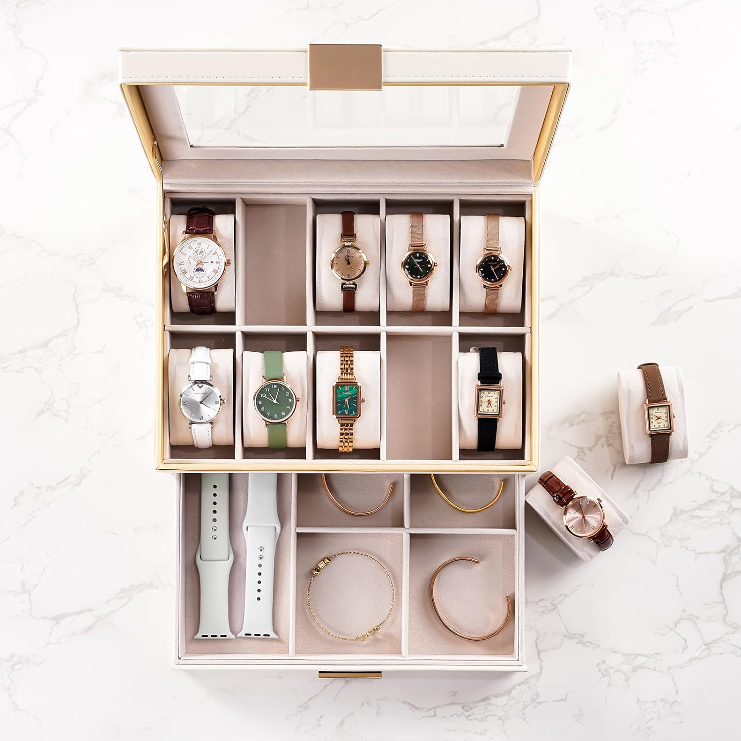 Procase Watch Case for Women, 10 Slot Watch Display Case with Drawer, 2-Layer Womens Watch Box, 10 Watch Box Organizer, Jewelry and Watch Holder Storage Case with Glass Lid -Beige image number 1