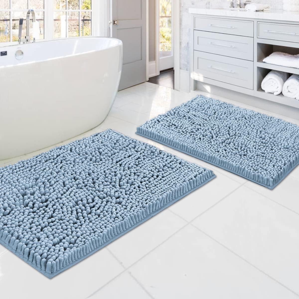 Princedeco 2-Piece Bathroom Rugs Set Non-Slip Bath Mat Soft Cozy Shaggy Thick Chenille Bath Rugs for Bathroom Plush Rugs for Bathtubs Water Absorbent- (50Cm X 81Cm / 43Cm X 61Cm), Taupe