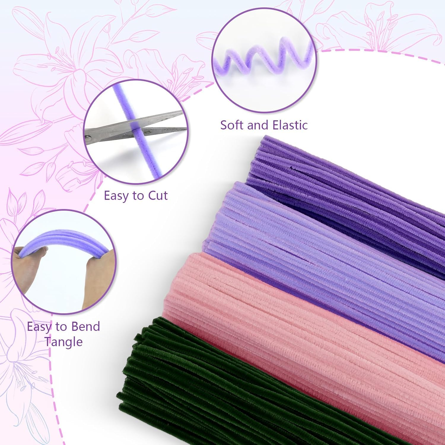400 Pcs Pipe Cleaners Craft,4 Assorted Colors Pipe Cleaners Bulk, Chenille Stems for DIY Flower Making Kit with Floral Wires, Gardening Tape,Stamen& Ribbon(Purple) image number 3