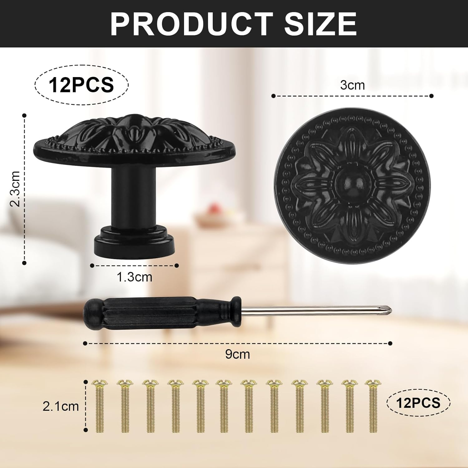 Ynewl Pack of 12 Vintage Furniture Handles, 30 Mm round Furniture Knobs with Screws Screwdriver, Floral Pattern Cabinet Knobs - Used for Cupboards, Wardrobes, Furniture and Hardware Handles (Black image number 6
