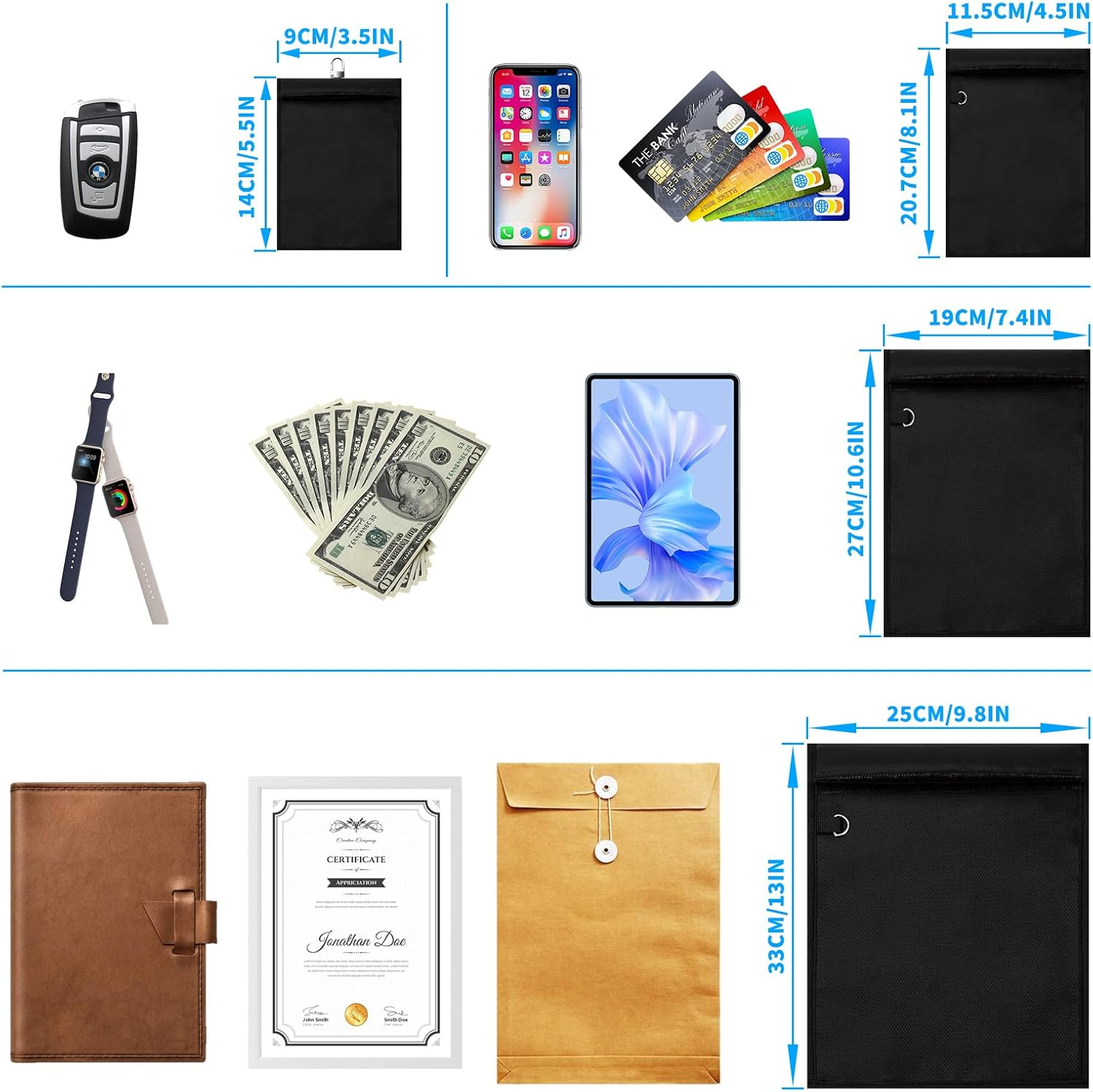 FOVNOT 4 Pack Faraday Bag for Keys - Fireproof Waterproof RFID Signal Blocking Pouch for Documents, Tablets, Phones & Car Keys