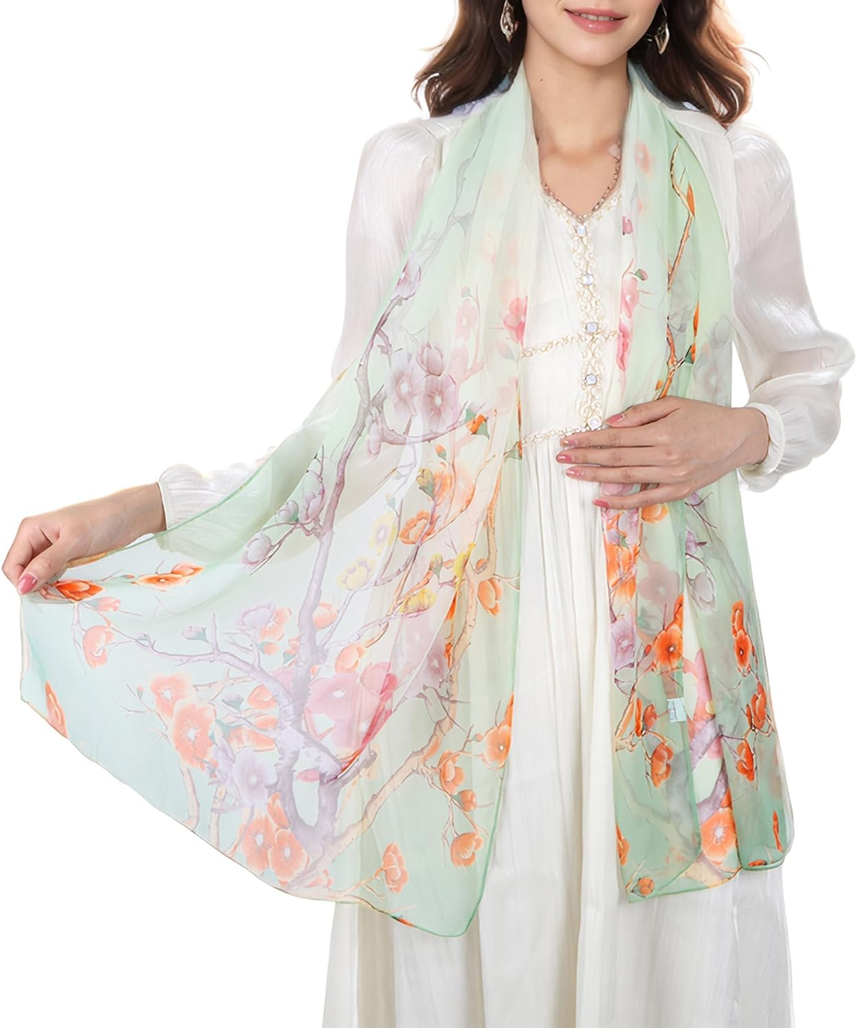 Lamca Chiffon Scarf - Ladies Scarves Lightweight Floral Print Scarf for Women UK - Black White-17 image number 4