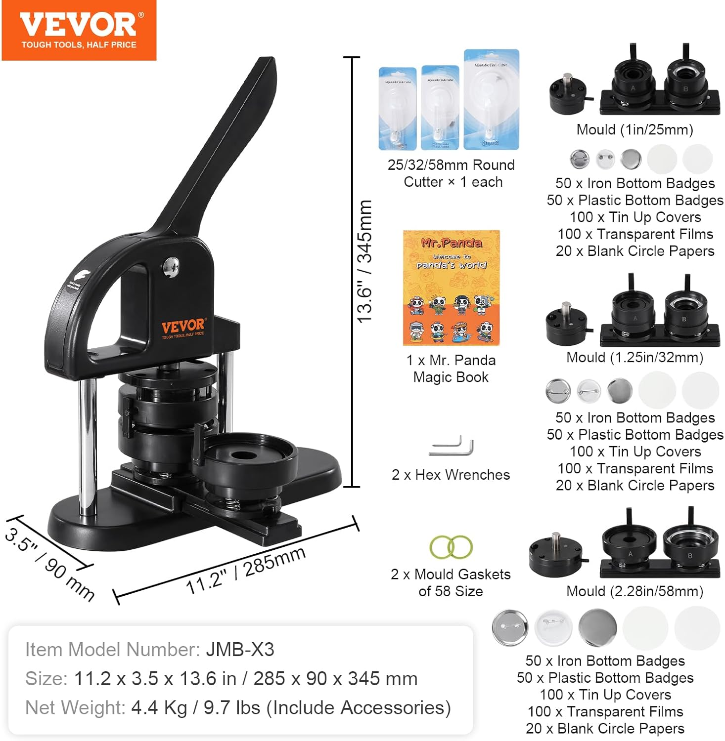 VEVOR Button Maker Machine, 1/1.25/2.28 Inch(25/32/58Mm) 3-In-1 Pin Maker, Installation-Free Badge Punch Press Kit, Button Making Supplies with 300Pcs Button Parts, Circle Cutter, Magic Book image number 4