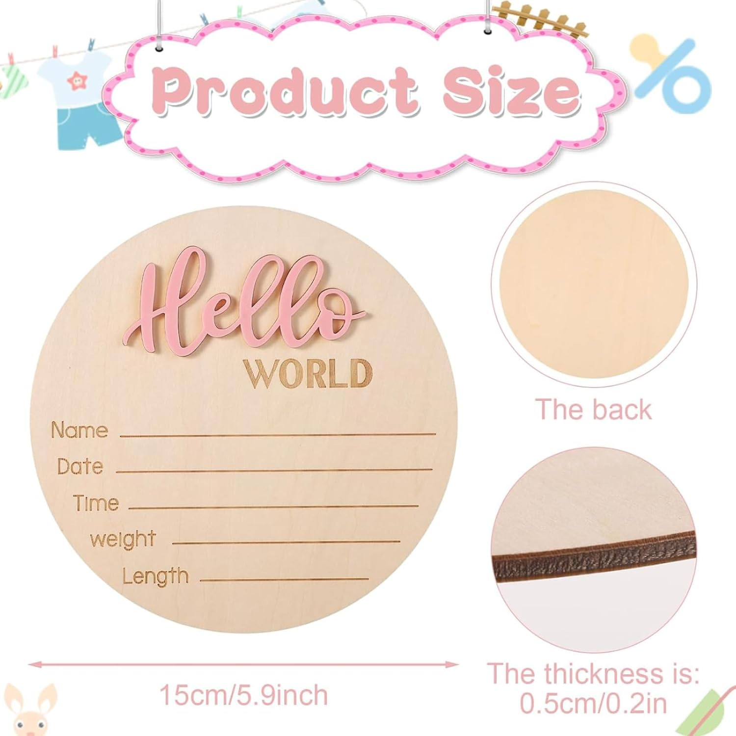 RIKONDA Wooden Baby Birth Announcement Sign, 15Cm Hello World Plaque for Newborn Photo Props, Nursery Wall Decor(Light Pink)