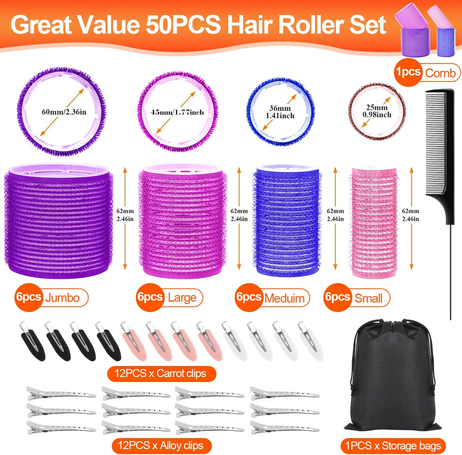 50Pcs Hair Rollers Set with Clips, H HOME-MART Blowout Look Self-Grip Hair Curlers Set Includes 24 Jumbo, Large, Medium Sizes Hair Roller, 24 Clips, 1 Comb and Storage Bag - Ideal for Volume and Curls image number 3
