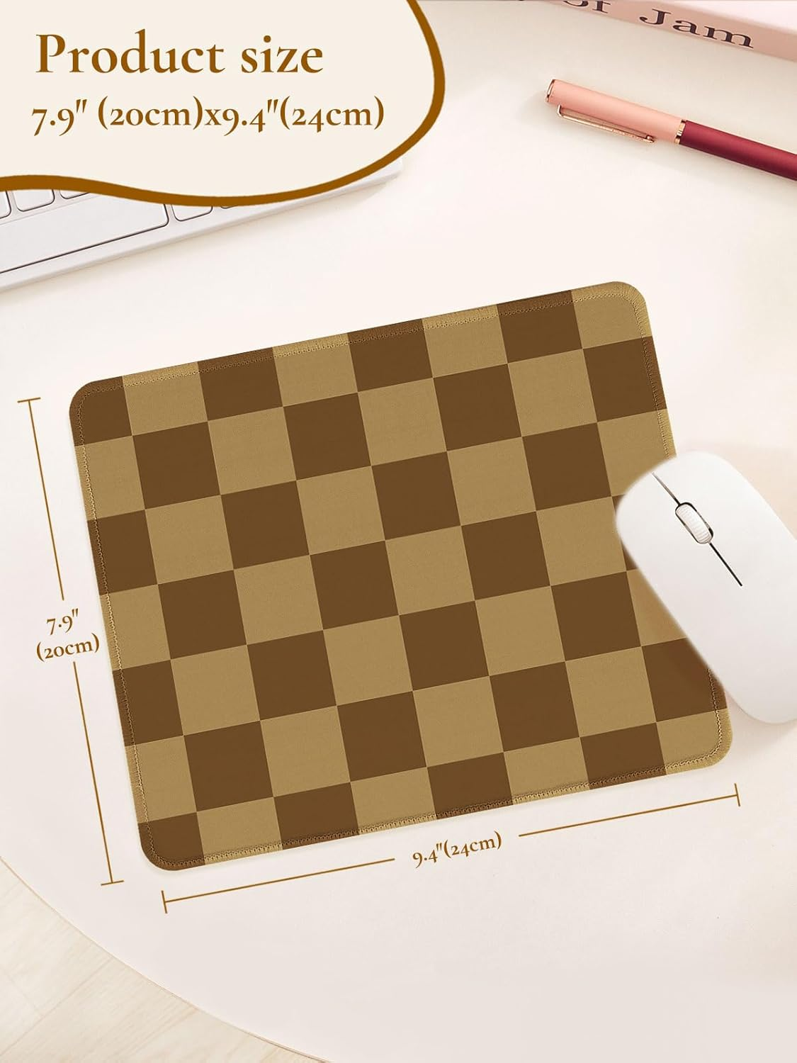 Cute Brown Mouse Pad,Retro Checkered Pattern Mousepad,Square Aesthetic Plaid Waterproof Grid Mouse Mat Design, Non-Slip Rubber Base Computer Funny Boho Small Mouse Pads, Desk Accessories image number 2