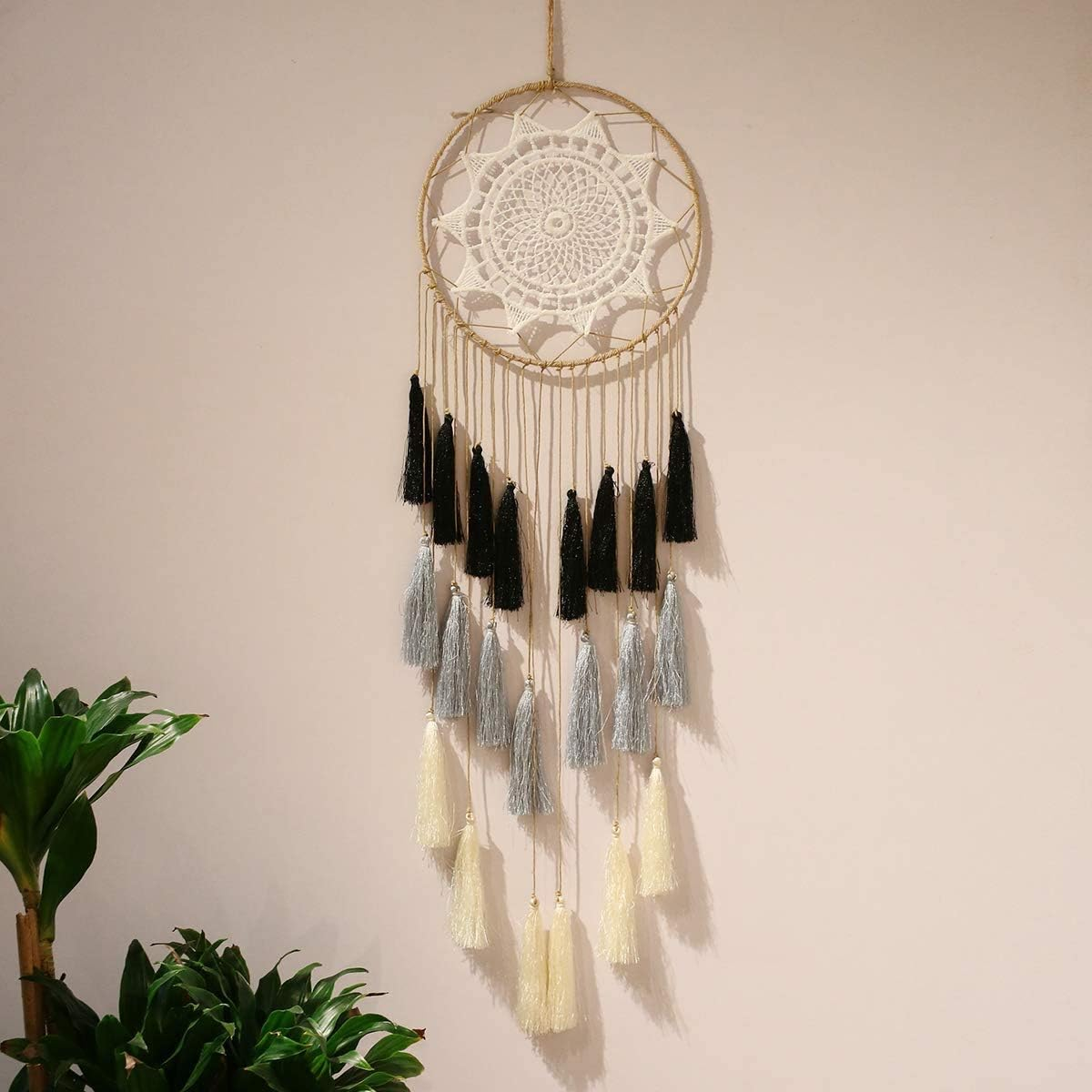Macrame Dream Catchers for Bedroom Tassel Wall Hanging Handmade Dreamcatchers Home Decor with Ornament Craft Blessing Gift(Black Grey) image number 5