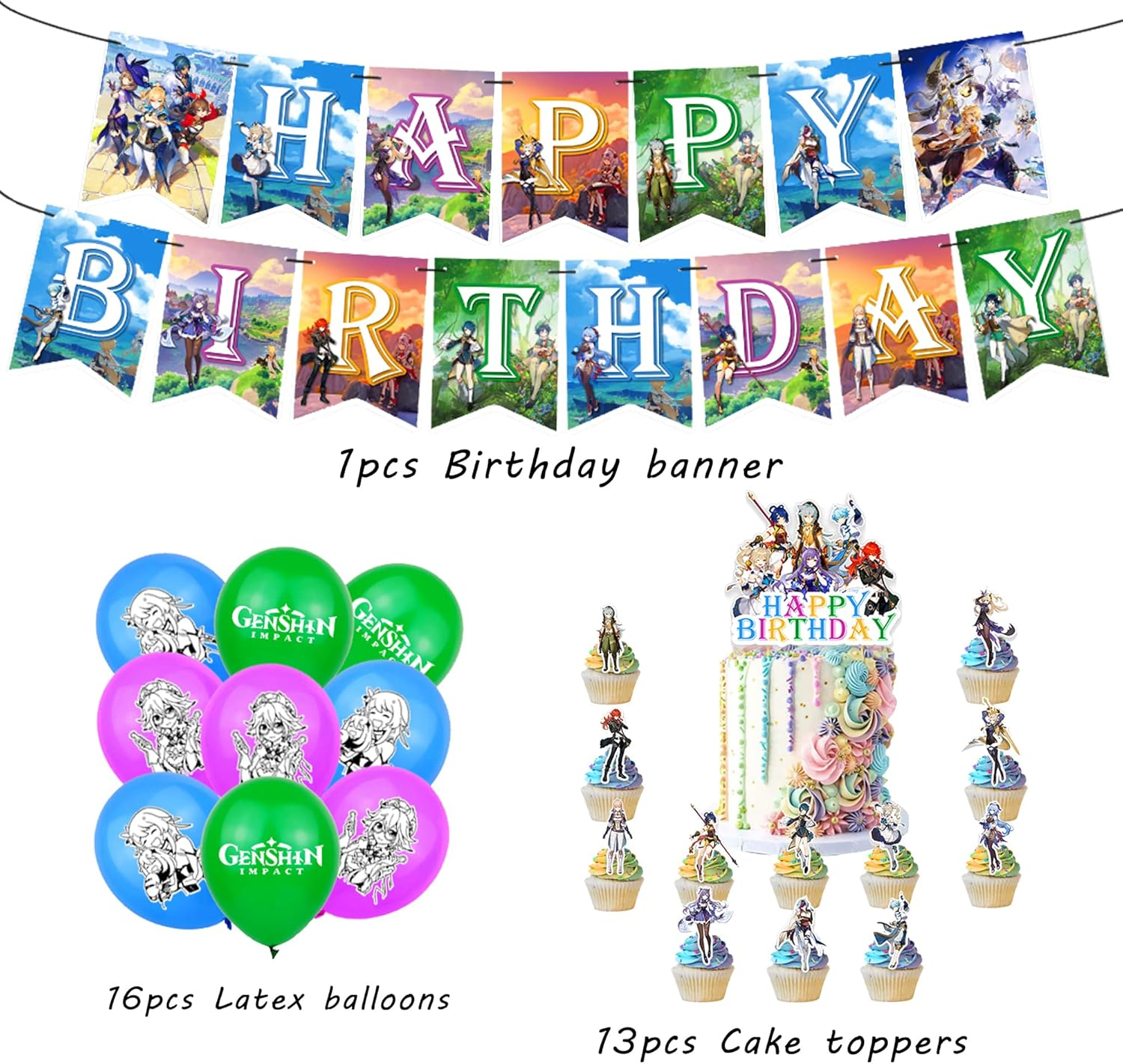 Genshin Impact Birthday Balloons & Decorations - Blue Traveler Themed Party Pack with Banner, 16 Latex Balloons & 13 Cake Toppers image number 5