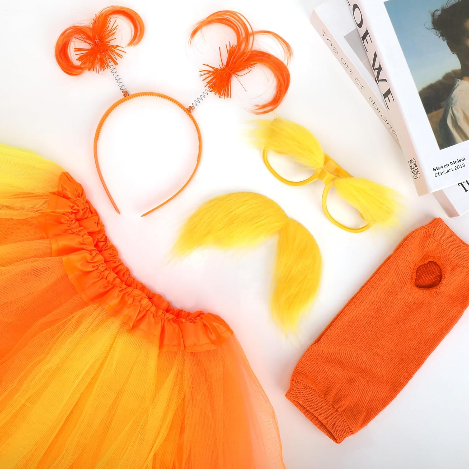 4 Pcs Orange Costume Yellow Mustache and Eyebrows Glasses for Kids 4-8, Fake Beard Moustache, Halloween Cosplay Accessories for Book Week Costume Funny Party Favor image number 5