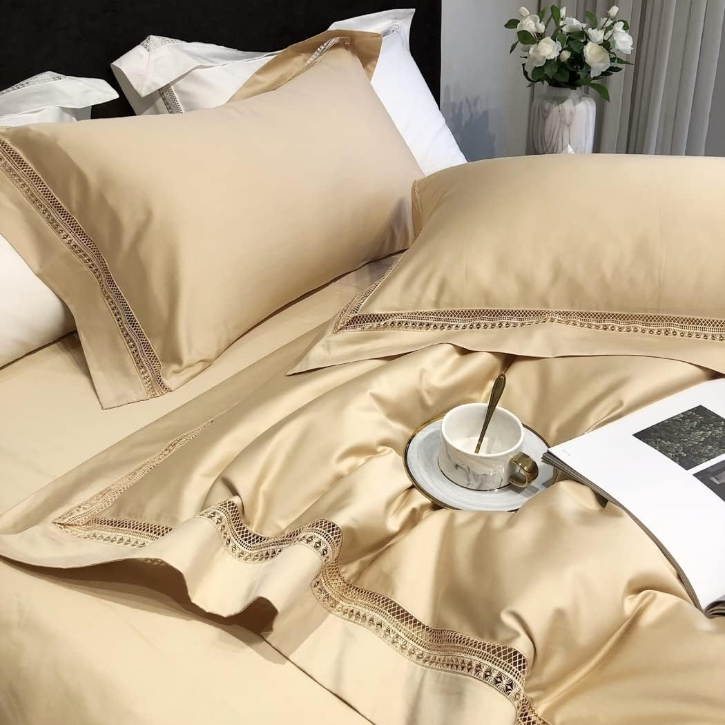 Modern Minimalist Hollow Edge Long-Staple Cotton Four-Piece Set Cotton Cotton Solid Color Quilt Cover Bedding,Gold,2200 * 2400Mm image number 1