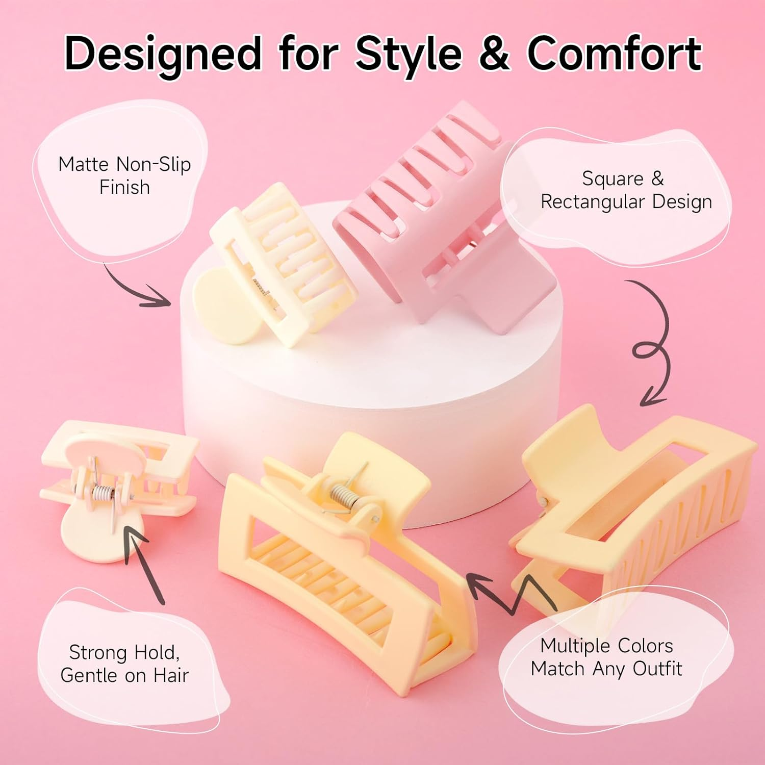 6 Pcs Matte Square Claw Clips Set for Women, Cute Pastel Yellow Pink & White Hair Clips &ndash; Non‑Slip Small and Medium Rectangular Hair Claw Clips, French Style Hair Accessories for Women image number 2
