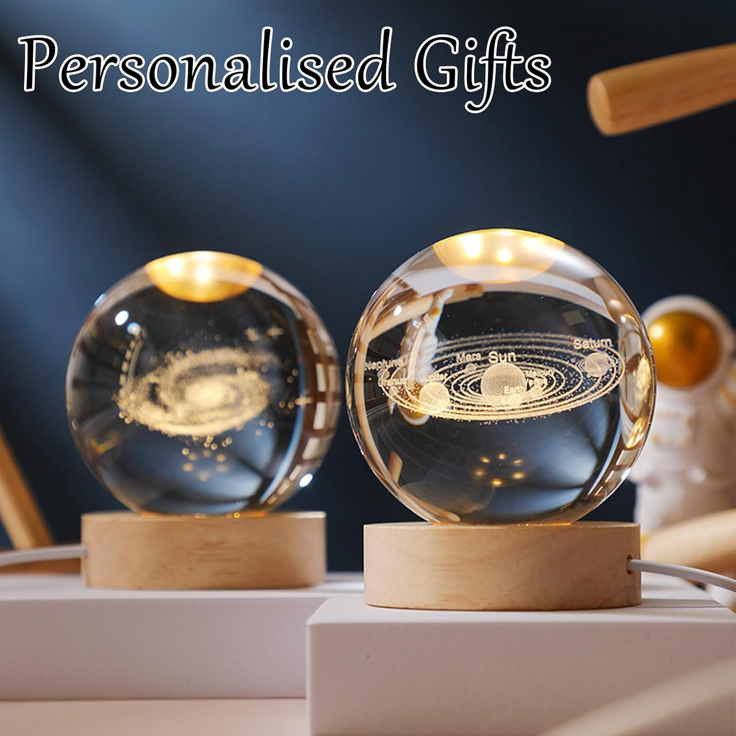 3D Crystal Ball Night Light, USB Moon Planets Solar System Universe Lamp, Glass Ball with Wooden Base - LED Ball for Christmas, Birthday, Valentine'S Day, Astronomy Gifts - Moon-1 image number 3