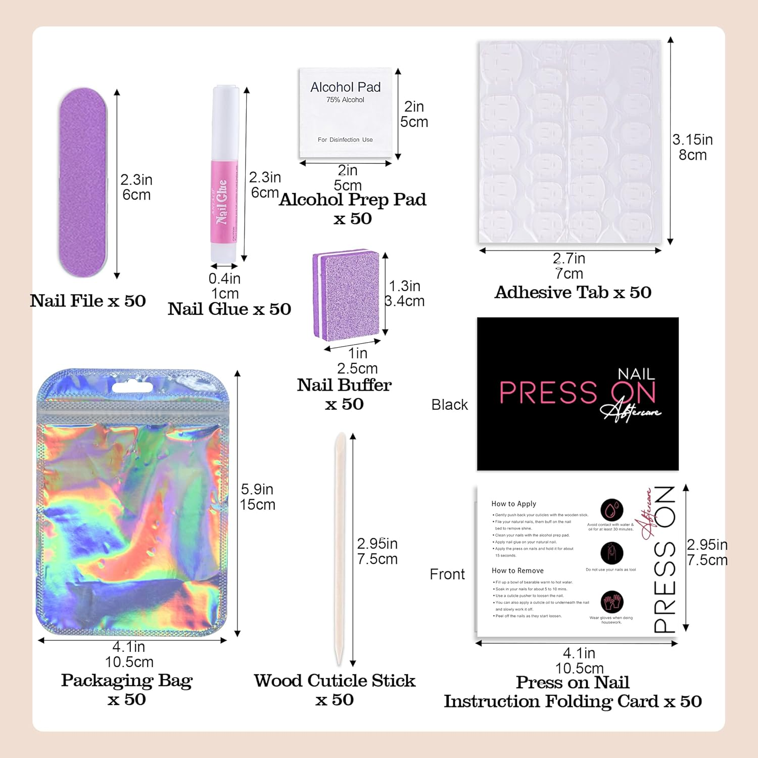 50 Set Press on Nail Tool Prep Kit for Salon Business, Disposable Manicure Kit with Nail File, Buffer, Glue, Prep Pad, Instruction Card, Adhesive Tabs, Wood Stick, Purple Packaging Bag image number 5