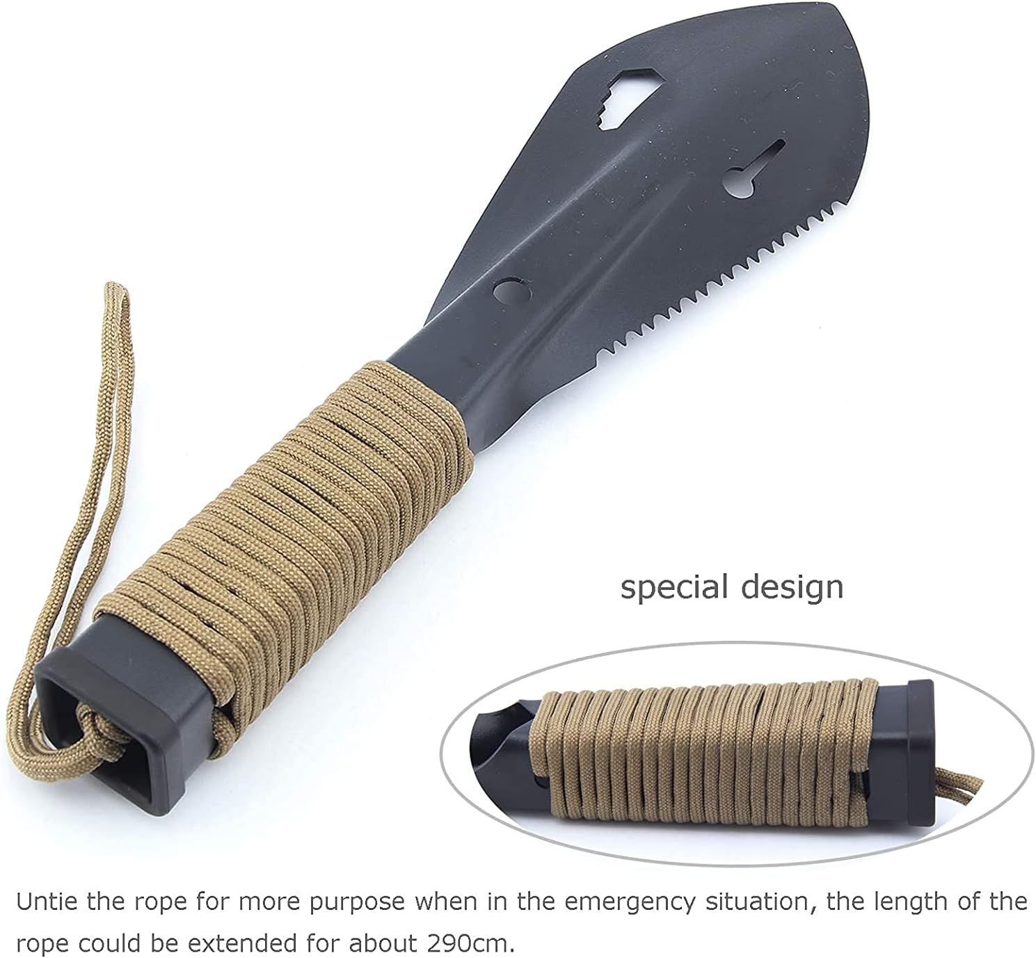 Camping Shovel, Backpacking Trowel Multitool Hand Garden Spade Small Potty Shovel with Paracord Handle for Outdoor, Gardening, Digging image number 3