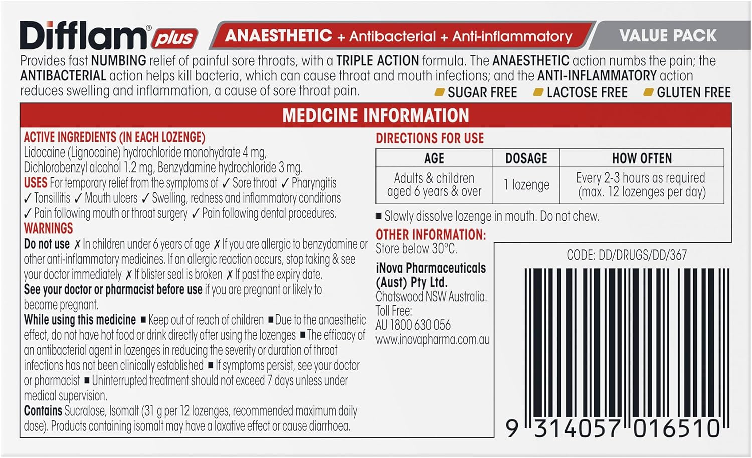 Difflam plus Anaesthetic Honey and Lemon 32 Lozenges image number 3