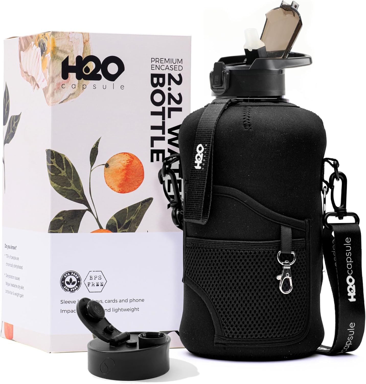 H2O Capsule 2.2L Half Gallon Water Bottle with Storage Sleeve and Removable Straw &ndash; BPA Free Large Reusable Drink Container with Handle - Big Sports Jug, 2.2 Liter (74 Ounce), Jet Black