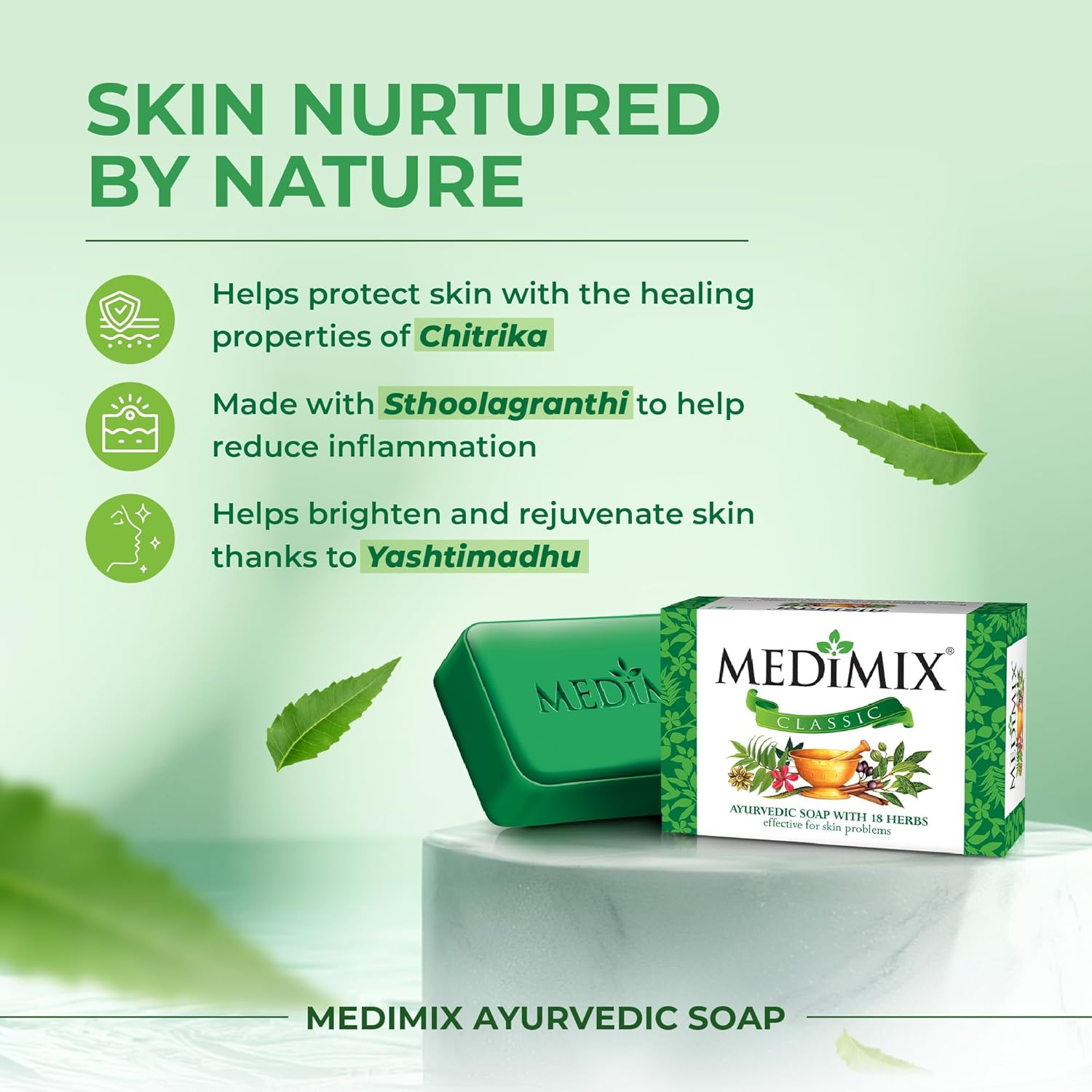 MEDIMIX - Savon Ayurv&eacute;dique 75 Gr Aux 18 Plantes, Pour Traiter L'Acn&eacute;, Les Odeurs Corporelles Et Les Infections De La Peau image number 1