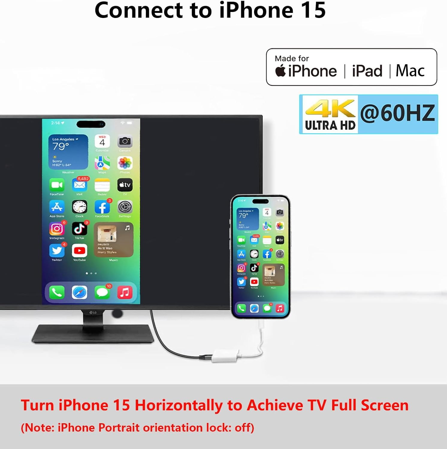 Wahbite Apple USB-C to HDMI Adapter 4K@60Hz for Iphone 15 Macbook Pro Air Ipad Pro, USB 3.1 Type C Digital AV HDMI 2.0 Cord Compatible with Samsung Galaxy S23/S22, Pixelbook, XPS and More image number 3