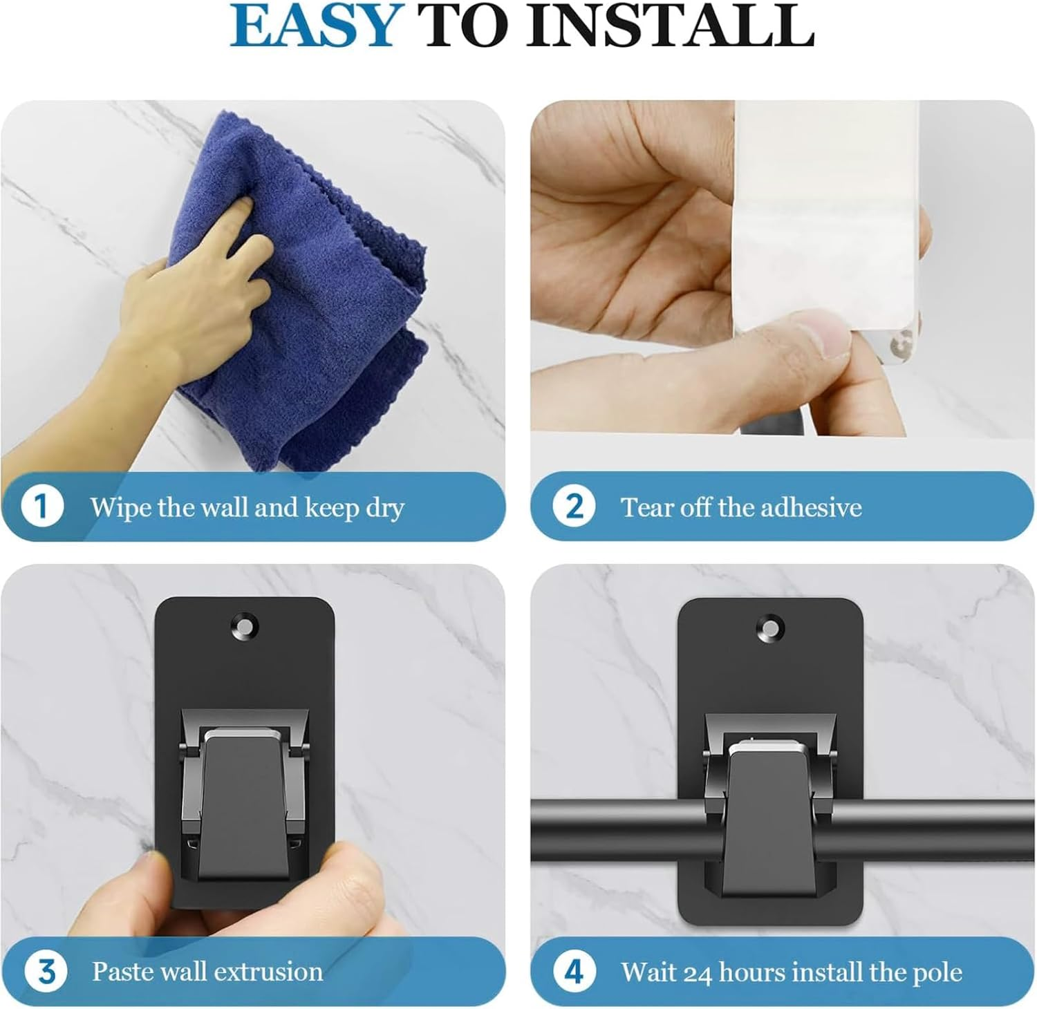 No-Drill Curtain Rod Brackets &ndash; 3M Adhesive Heavy Duty Holders for Bathroom, Bedroom & Kitchen | Universal Damage-Free Window Rod Hooks, Nail-Free Installation (4PC, Black)