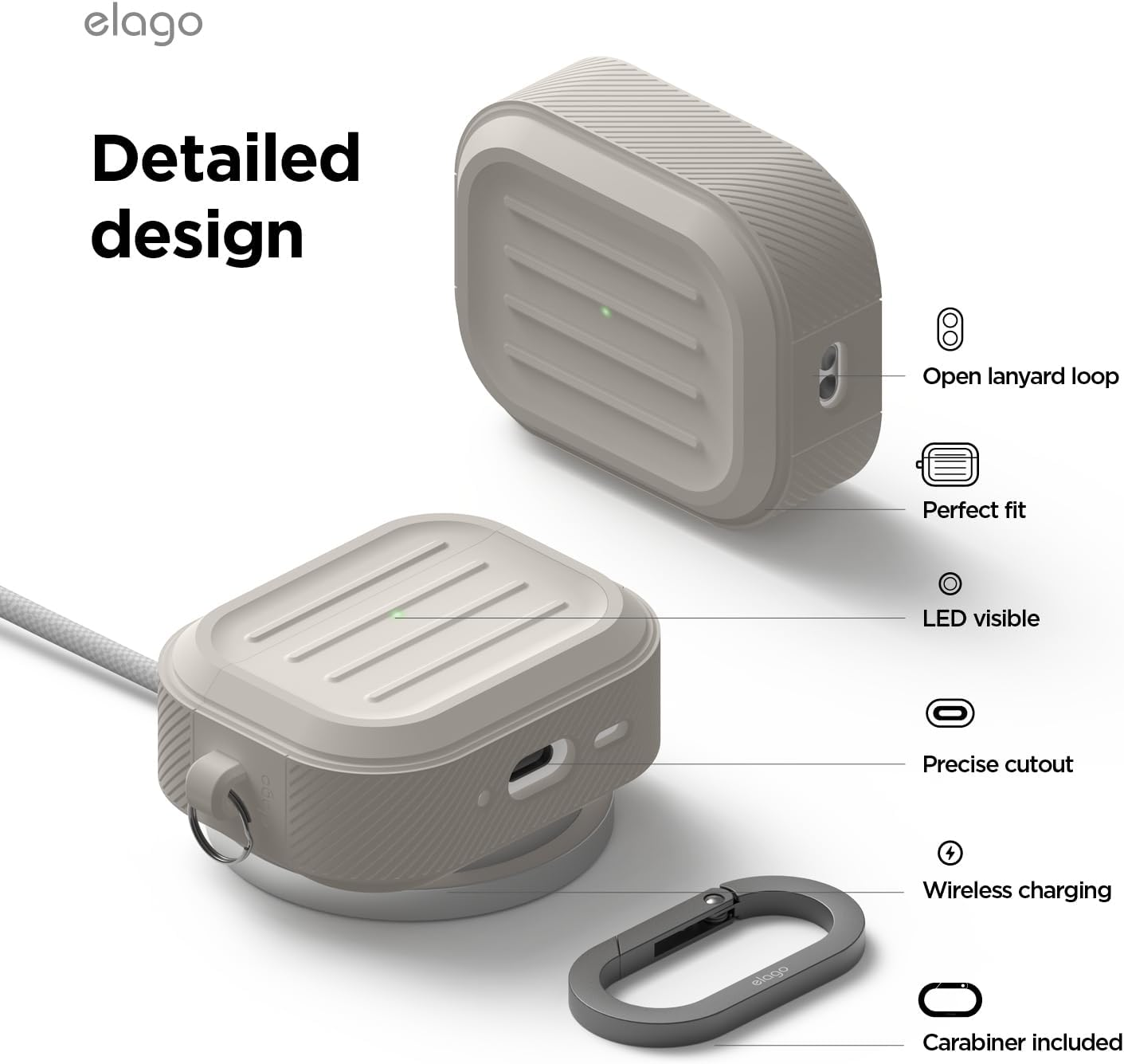 Elago Armor Case Compatible with Airpods Pro 3 Case Cover - Carabiner Included, Supports Wireless Charging, Shock Resistant, Full Protection (Stone) - Black image number 2