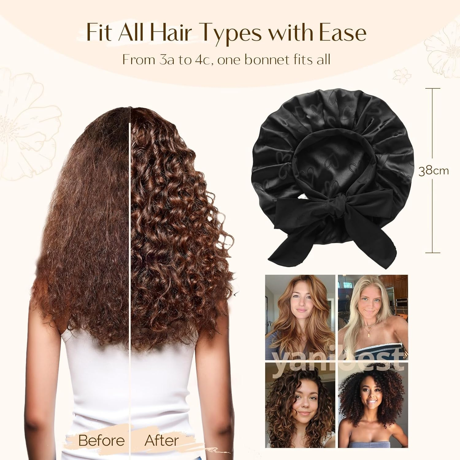 YANIBEST Silk Bonnet Satin Bonnet for Sleeping Women，Double Layer with Tie Band，Curly Hair Night Cap image number 3