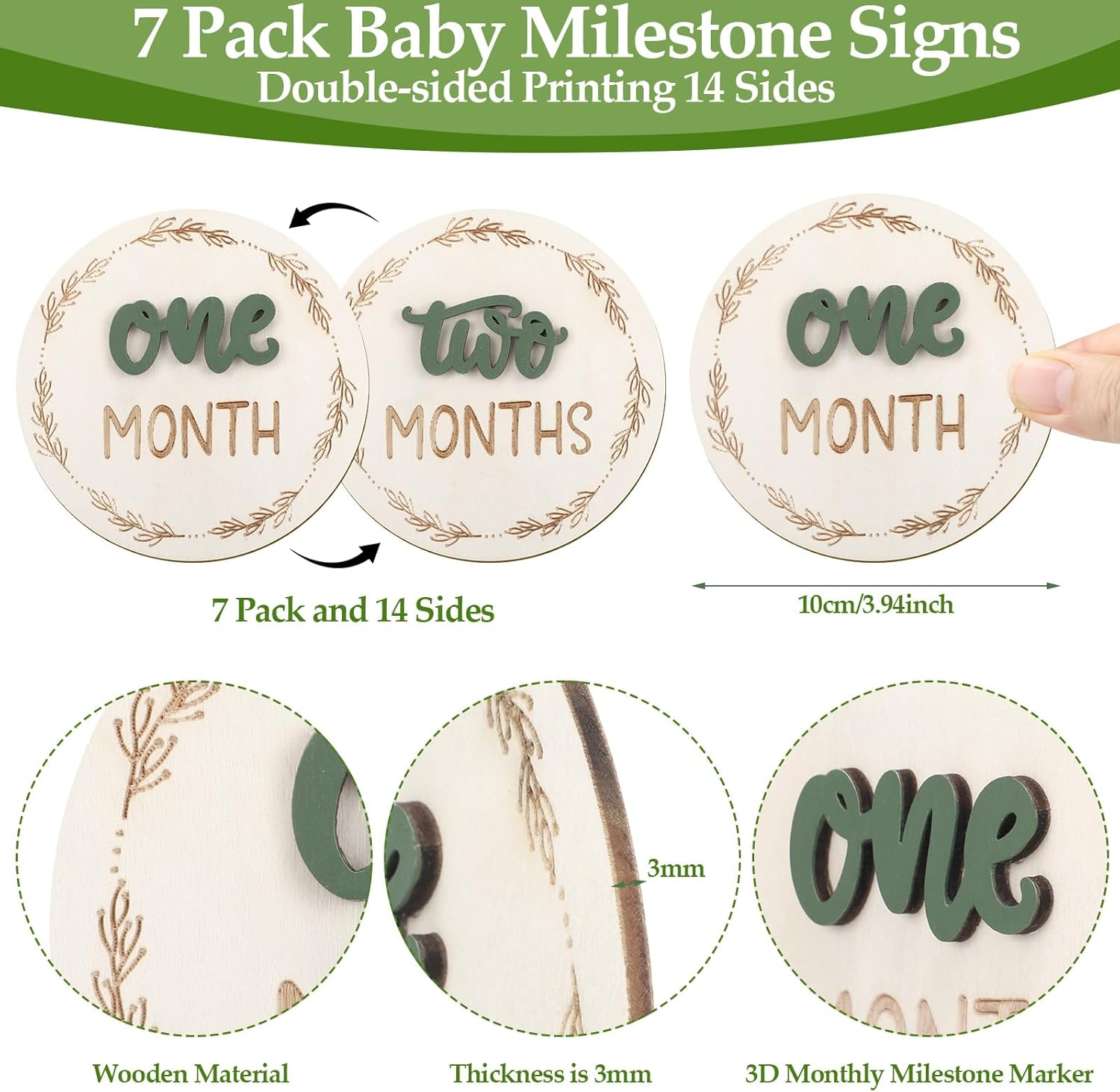 7 Pcs Baby Monthly Milestone Cards Sign, Double Sided 3D Baby Milestone Signs Baby Growth Cards Milestone Wooden Circles for Baby Boy Girls 1-12 Months Baby Milestone Pictures (Double Sided) image number 1