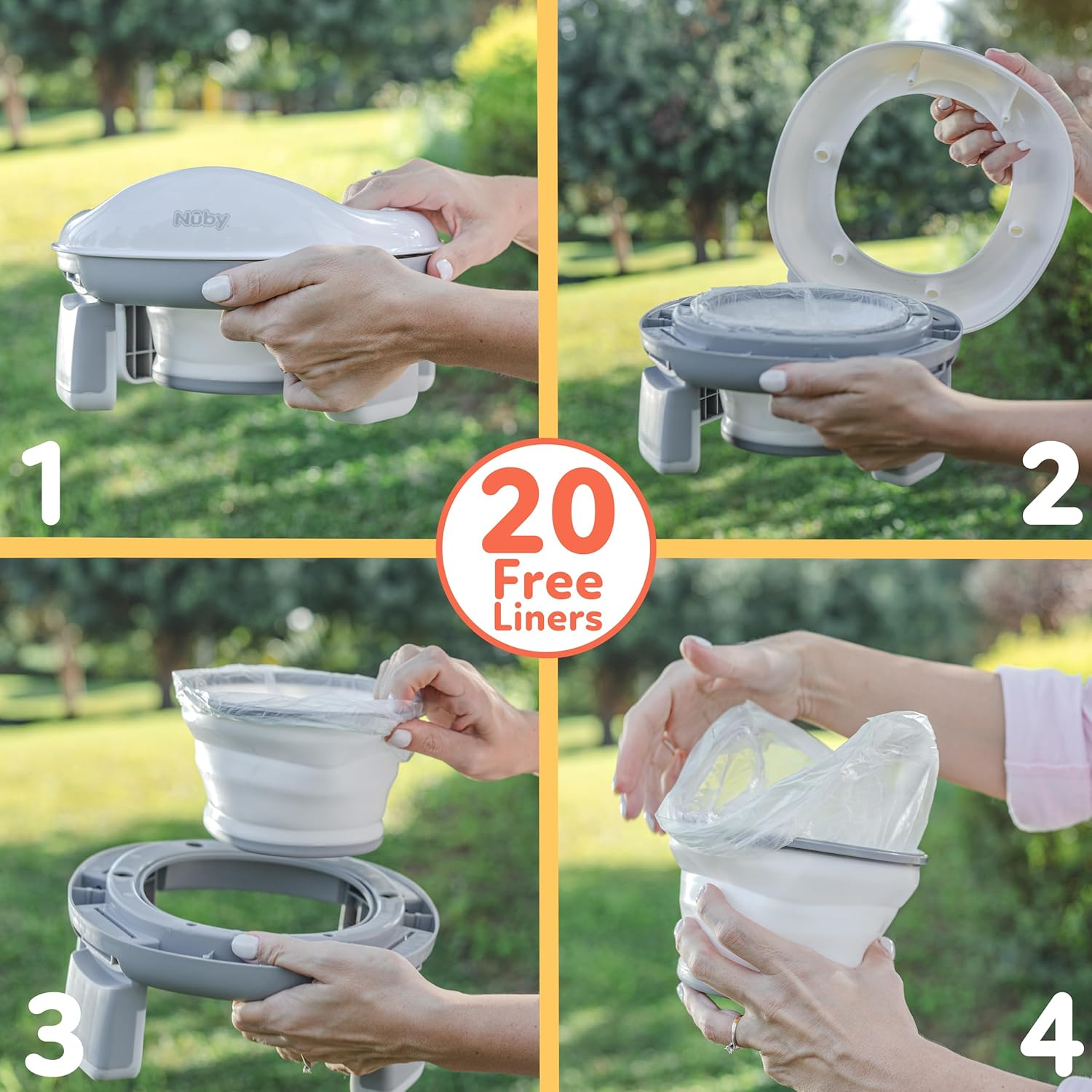 Nuby On-The-Go Portable Potty Seat - Travel Toilet Seat for Boys and Girls 18+ Months - Includes Storage Bag and Disposable Potty Liners - Toddler Travel Essentials - Toddler Potty Training Toilet image number 2