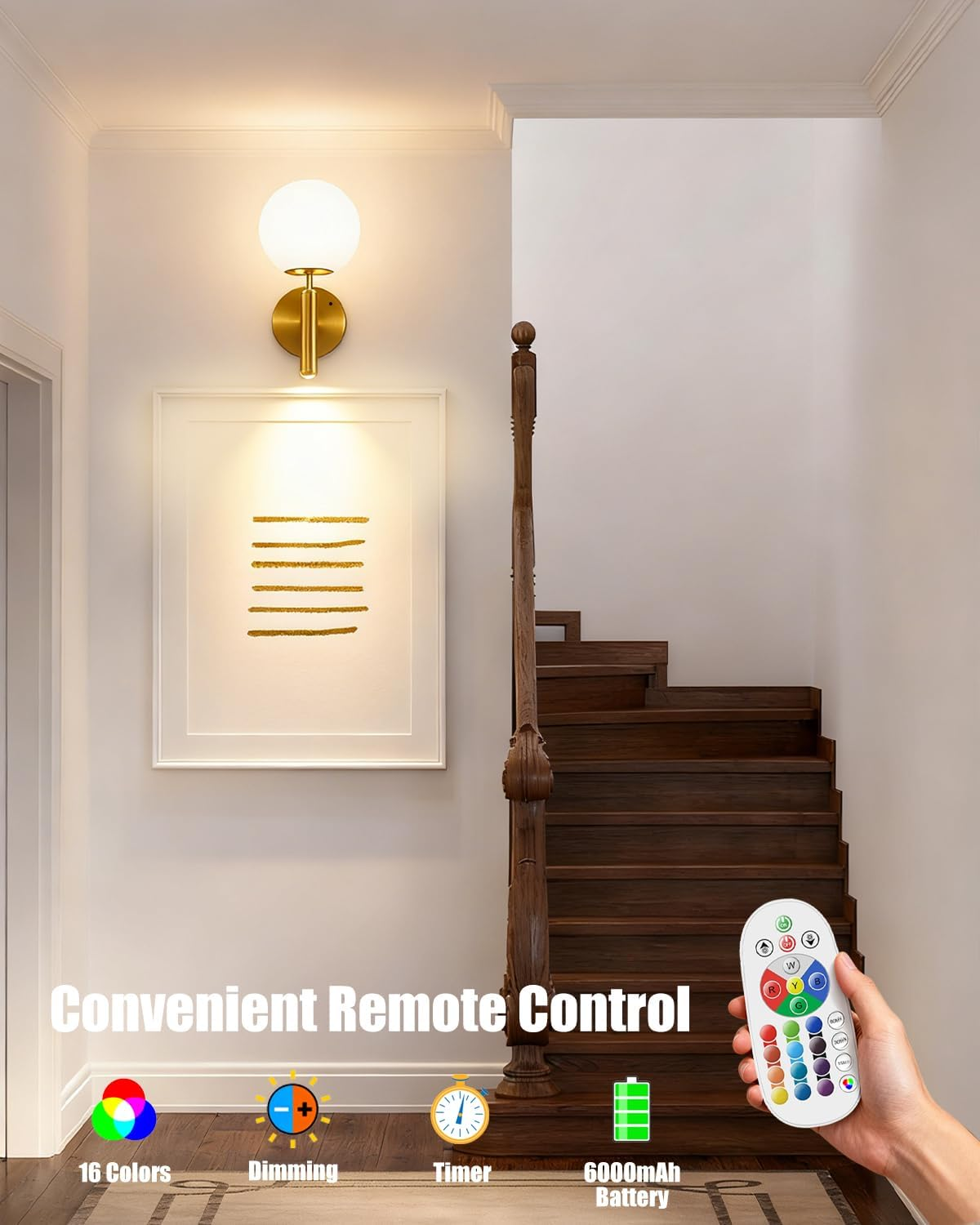 Battery Operated Wall Sconces Set of 2, Rechargeable Wireless Battery Wall Lights with 6000Mah Dimmable RGB Bulbs, 16 Colors Gold Wall Lamps with Remote for Bedroom Living Room Hallway image number 1