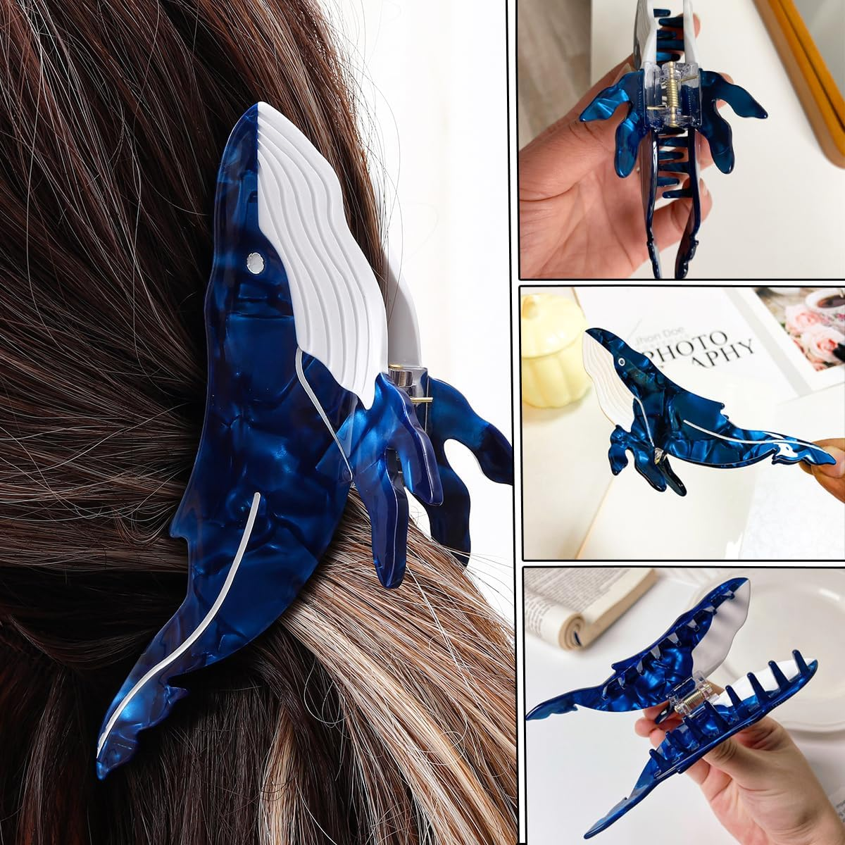 2 PCS Whale Hair Clips Whale Claw Clip Animal Shape Hair Jaw Clips Animal Acetate Cute Claw Clip Big Jaw Clips for Women Thick Hair Thin Hair image number 2