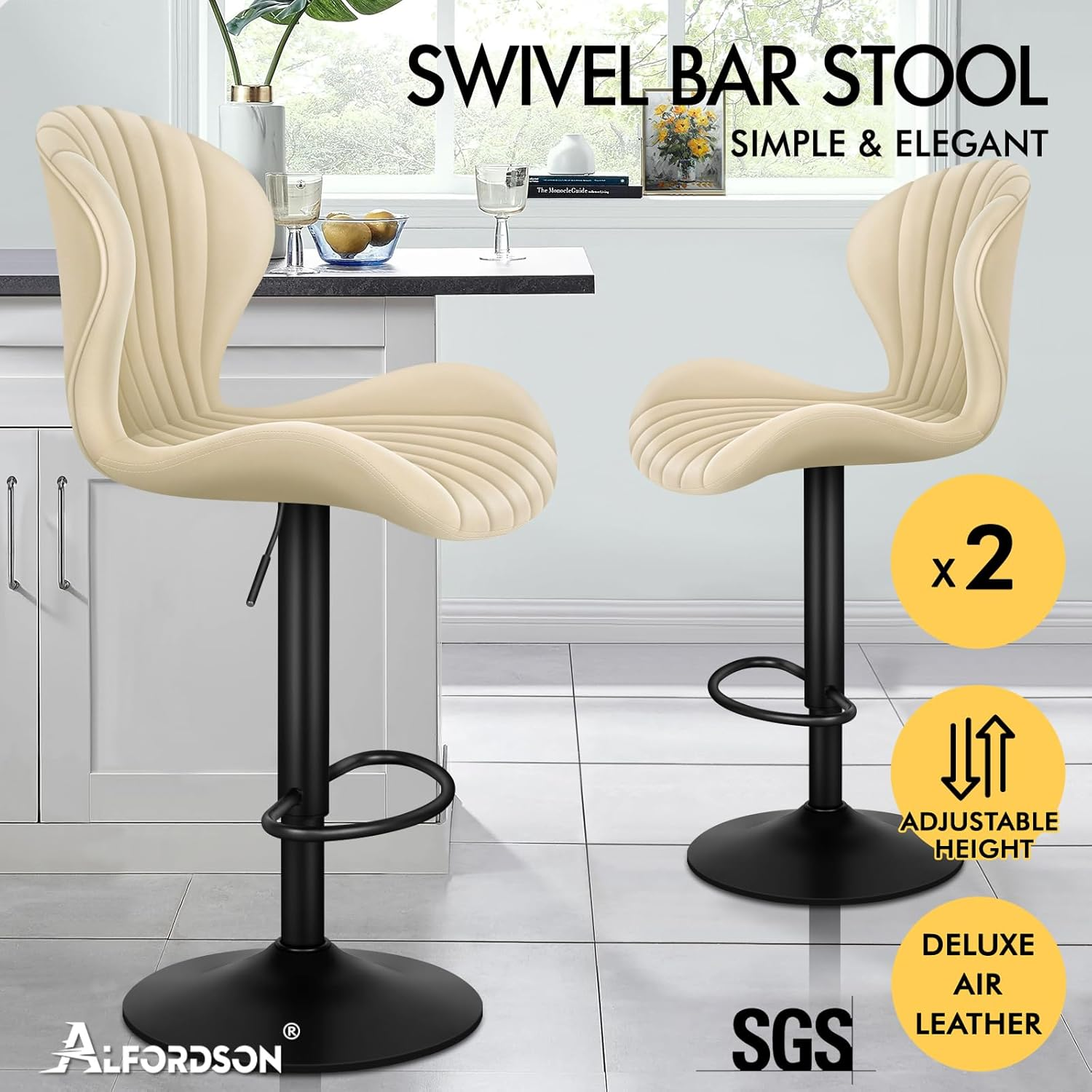 ALFORDSON 2X Bar Stool Gas Lift, Swivel Air Leather Bar Chairs, Counter Dining Chairs, Adjustable Kitchen Barstools in 64-85Cm Seat Height, Home Bar Dining Room Furniture, Stella Beige image number 1