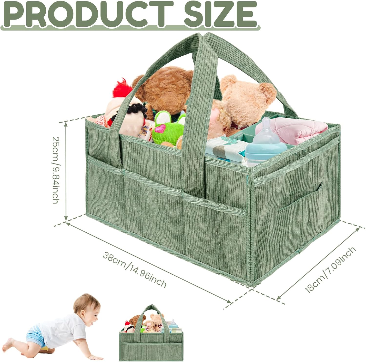 Baby Diaper Caddy Organizer, Nappy Caddy Organiser with Handle Build in Partition Board Wear Resistant Soft Baby Hamper Basket Nursery Basket for Bathroom Car Travel