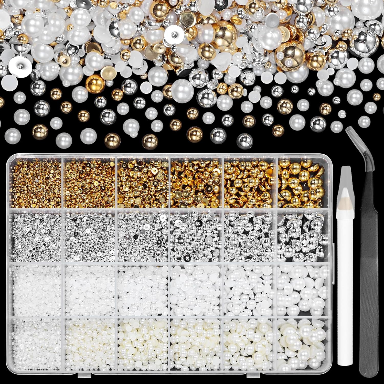 9000 Pcs Gold Silver Flatback Pearls for Crafting, Half round Nail Pearls, Silver Gold Nail Gems Beads, 2-8 Mm White Beige Pearls Beads for Nails DIY Jewelry Face Makeup with Pickup Pencil Tweezer image number 3