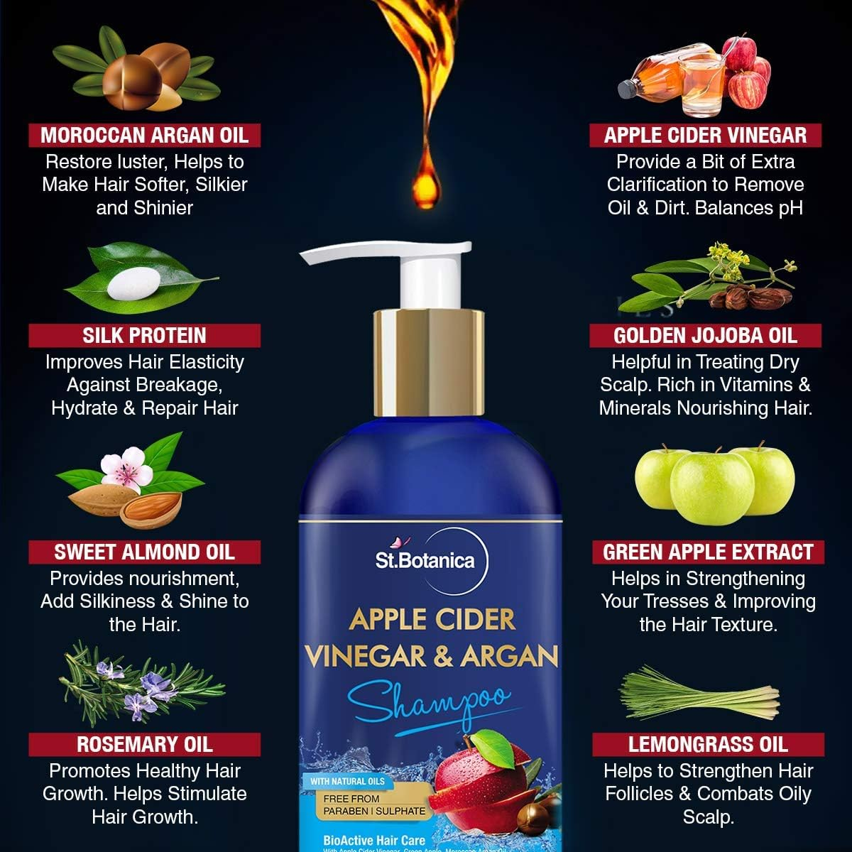 Stbotanica Apple Cider Vinegar & Organic Argan Oil Hair Shampoo - 300Ml - No Sulphate, No Parabens, No Silicon