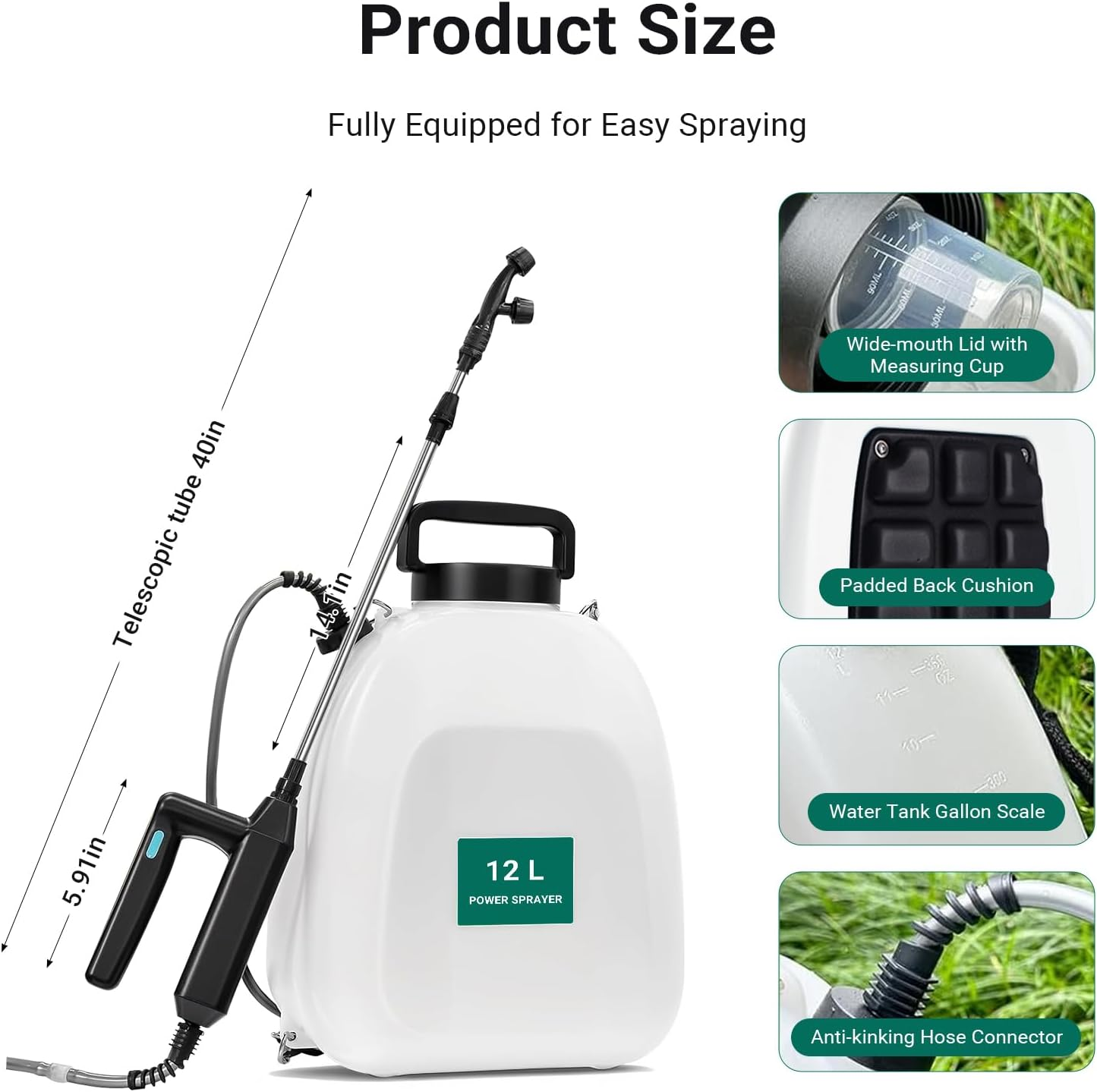 LIWEGHT 12L Battery Powered Backpack Sprayer, 2500Mah USB Rechargeable Electric Garden Sprayer, 5 Adjustable Mist Nozzles, Telescopic Wand for Lawn, Yard & Weed Control image number 1