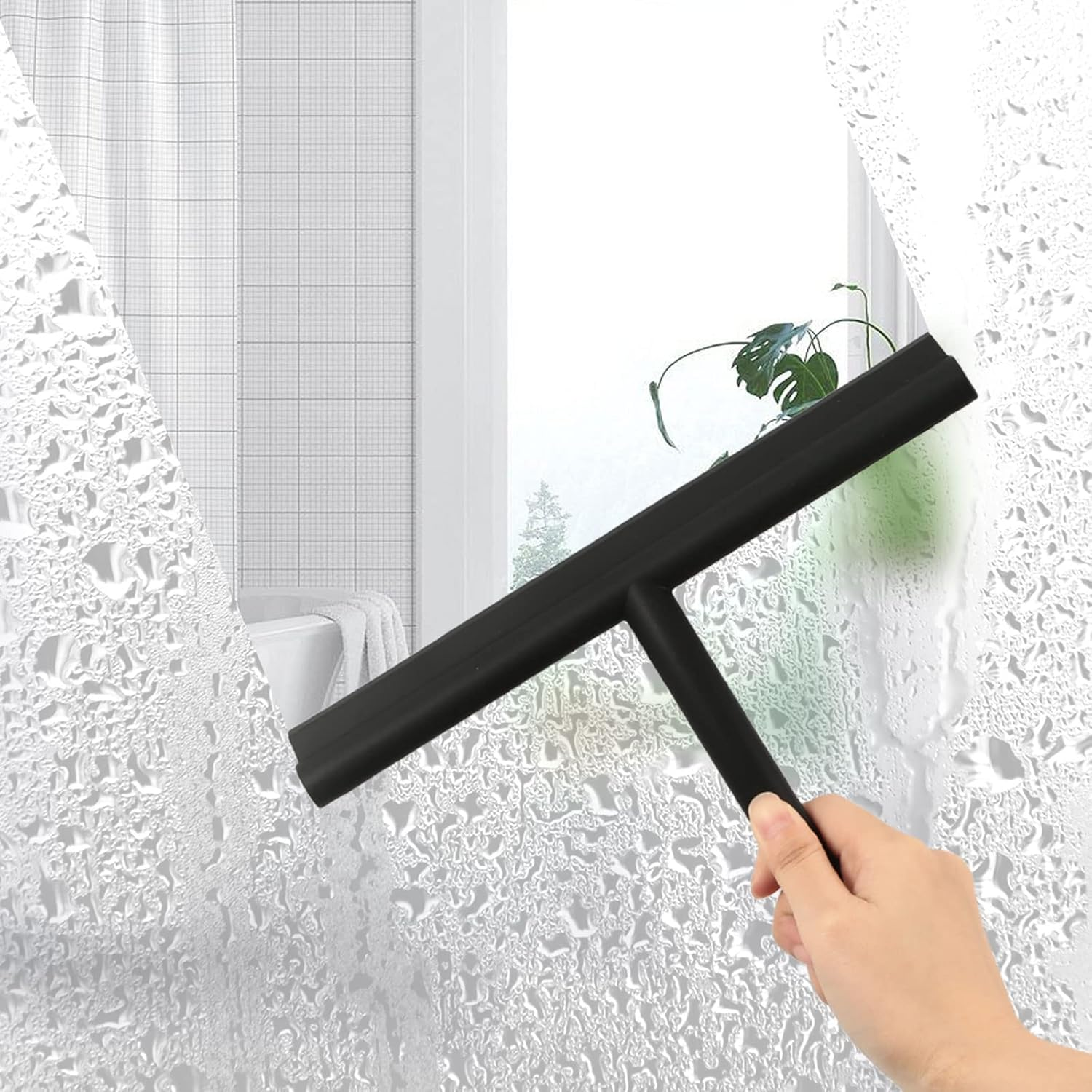 MOSUO Shower Squeegee, Shower Squeegee, Silicone with Holder without Drilling, Stainless Steel Core for Window Squeegee, Bathroom, Mirror, Glass Cleaning, Tiles, Car Windows - Black image number 4