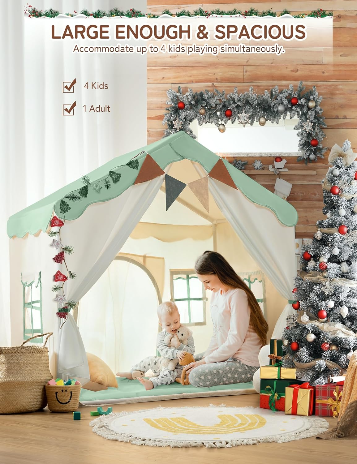 Kids Play Tent, Kids Playhouse 2 in 1 with Padded Mat, Indoor & Outdoor,130 X 89 X 130 Cm, Mint Green and White image number 2