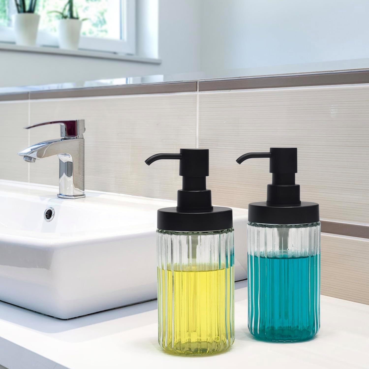 2 PCS Glass Soap Dispenser Set for Bathroom & Kitchen Sink Refillable Liquid Soap Bottle with Squeeze Pump for Hand Dish Soap, Shower Gel, Shampoo and Conditioner-425Ml - Transparent image number 6