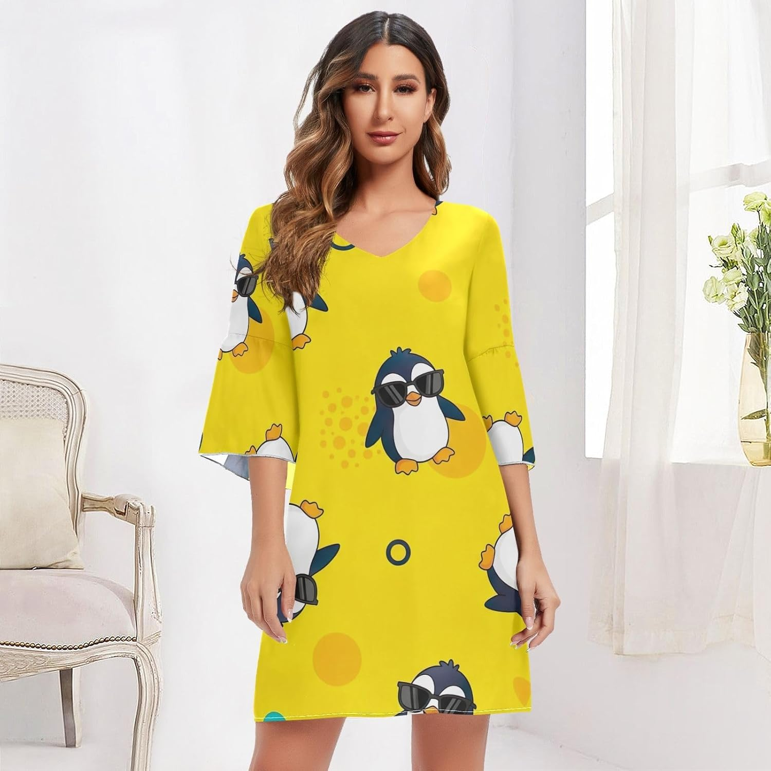 Cartoon Penguins Yellow V Line Dress 3/4 Sleeve Maternity Dress Party S-XXL