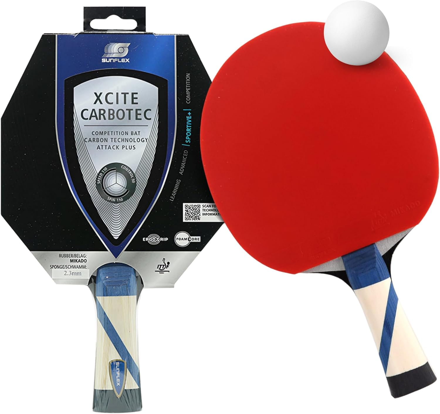 SUNFLEX Xcite C45 Carbotec Table Tennis Bat, Competition Level Bat, with Carbon Power Blade & Foam Core Grip for Precision Control, ITTF Approved Mikado Rubber & 2.3Mm Sponge image number 1