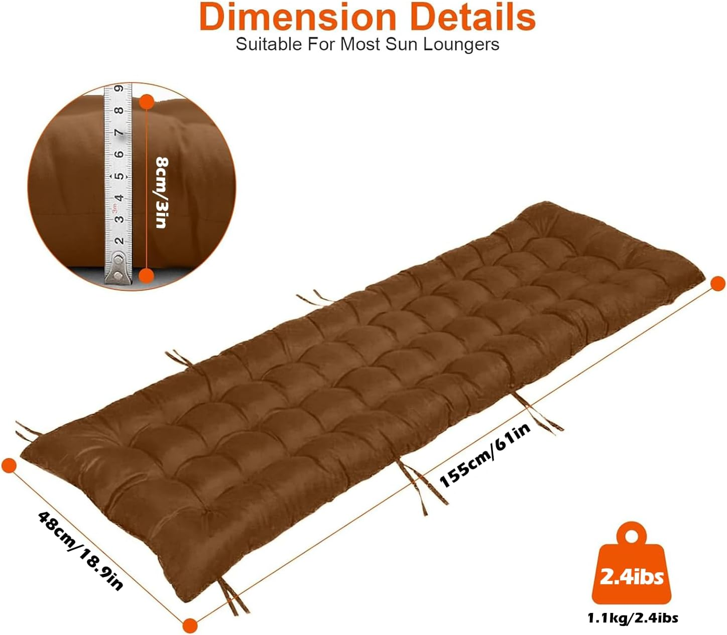 Sun Lounger Chair Cushions, Sundlight Patio Cushions Chaise Indoor/Outdoor Mattress Recliner Quilted Thick Padded Seat Cushion Reclining Chair Rocking with Ties (155X48X8Cm, Light Brown) image number 1
