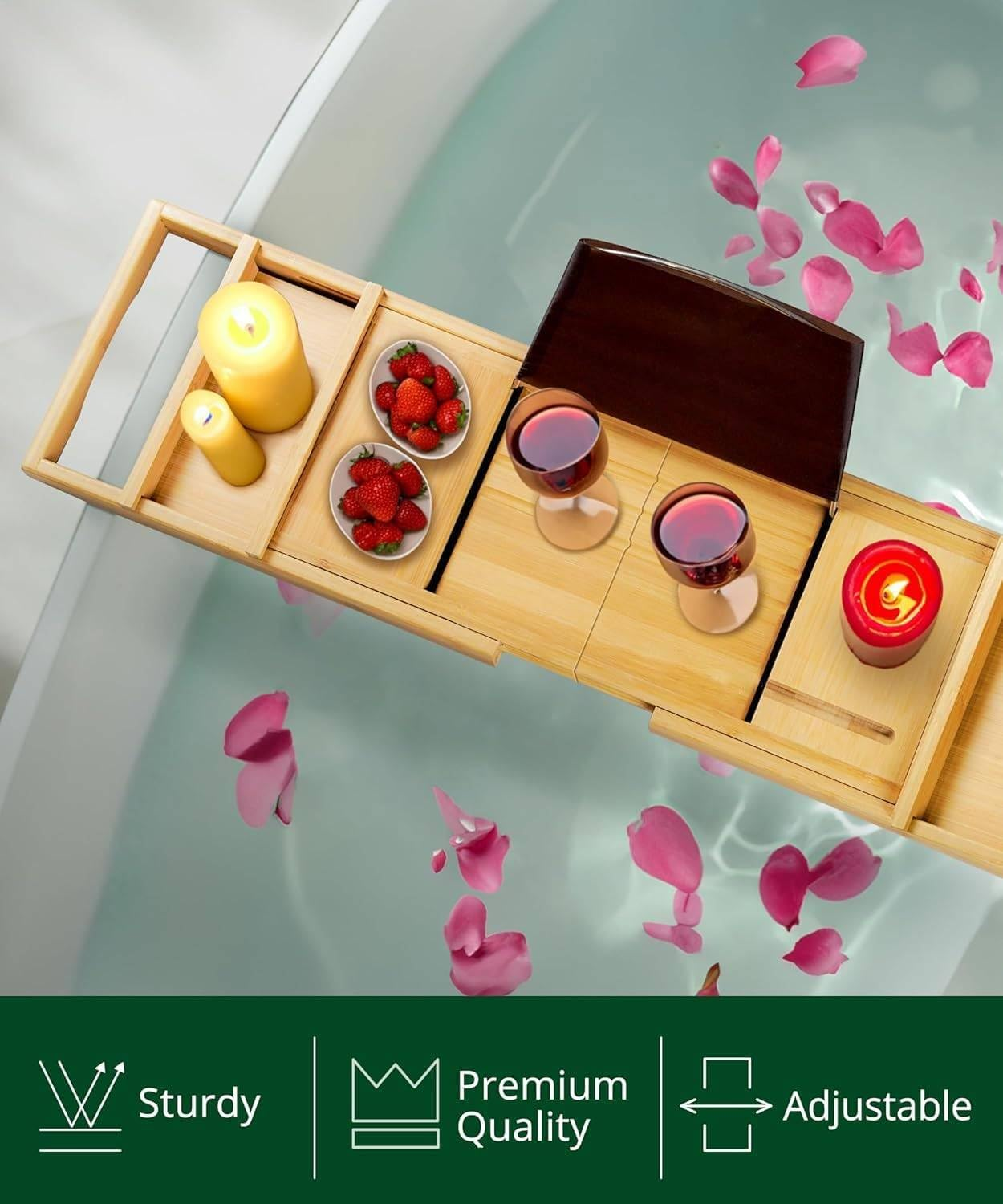 Premium Foldable Bathtub Tray, Expandable Bath Tray for Tub, Bamboo Shelf, Bathroom Accessories for Spa or Reading Life Style image number 1