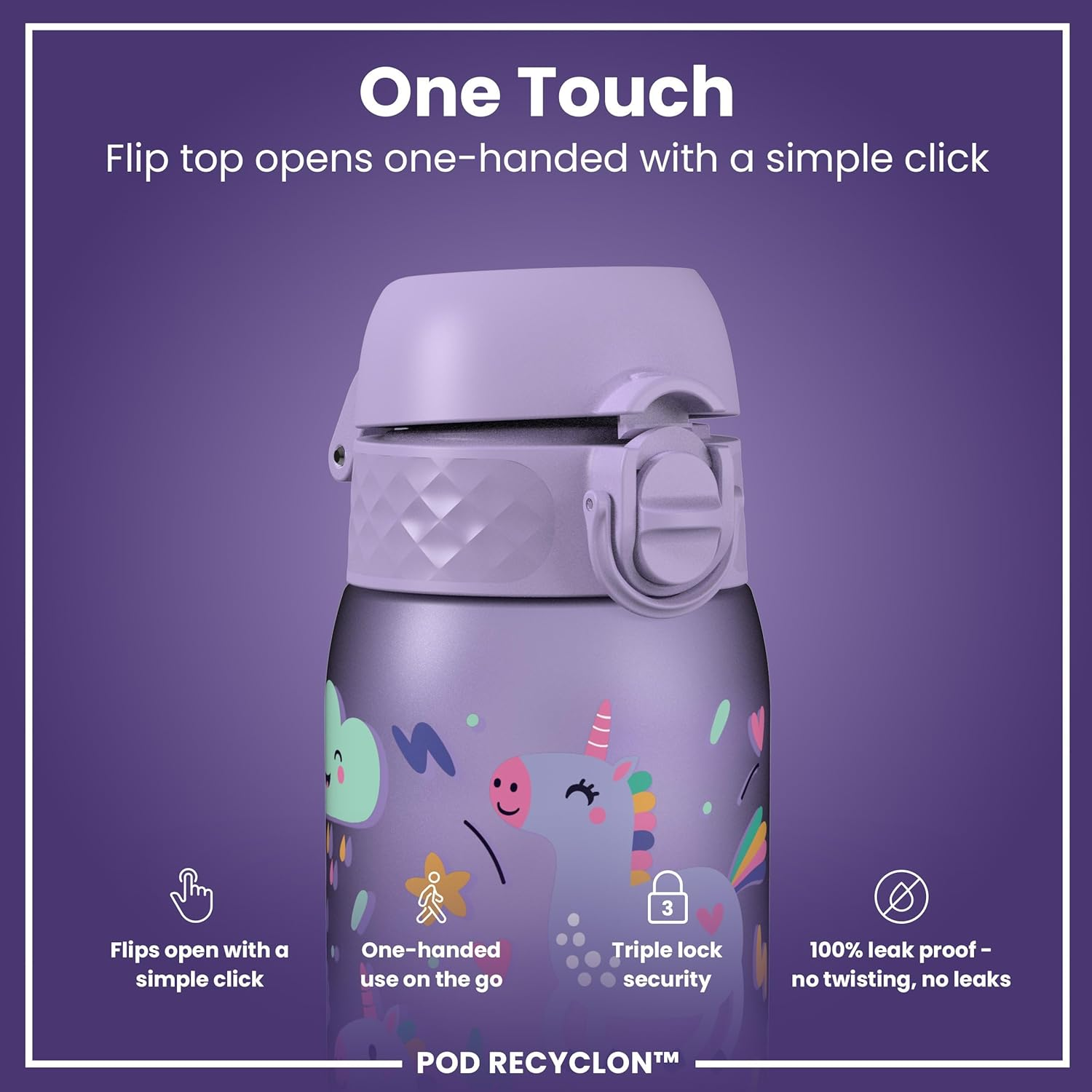 Ion8 Children'S Water Bottle, 350 Ml, Leak-Proof, One-Handed Opening, Secure Locking, Dishwasher Safe, Bpa-Free, Carry Handle, Folding Lid, Easy to Clean, Climate Neutral, Light Purple Unicorns image number 6
