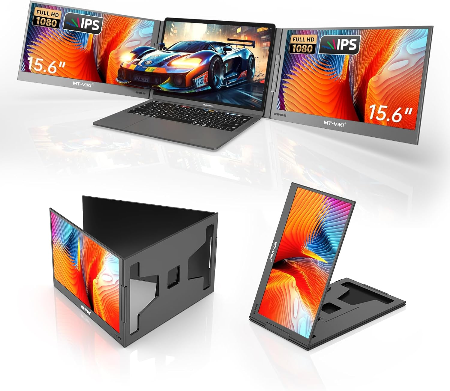 MT-VIKI 15.6" Triple Laptop Screen Extender for Win/Mac (M1,M2, M3), FHD 1080P IPS Portable Dual Monitor for 11"-16" Laptops, Only One USB-C Cable, 360&deg; Rotation (Thick-0.5Mm, Weight-3.9Lbs) image number 2