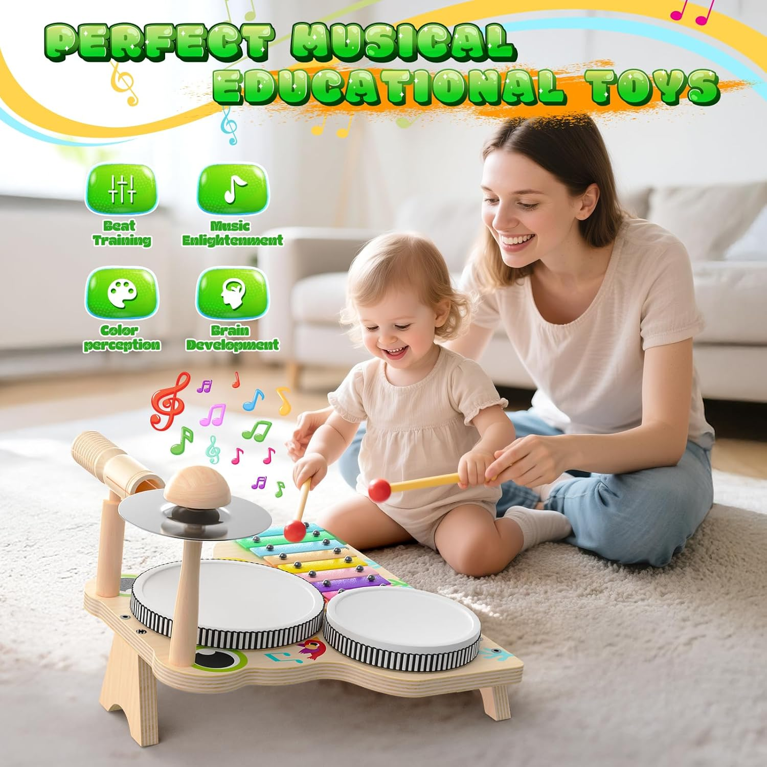 SKIRFY Kids Toys Musical Instruments, Toddler Wooden Toys Drum Kit, Baby Toy with Drum Sticks, Xylophone, Learning & Education Sensory Toy S for 3 4 5 Year Od Boys Girls image number 4