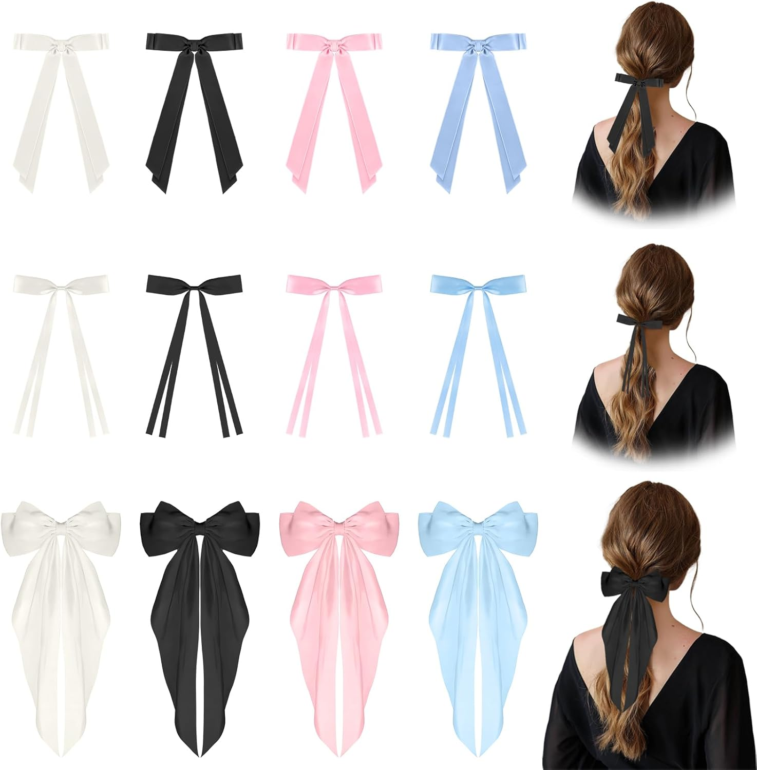 OT-NVWOZR Pack of 12 Hair Clips Bow for Women, Satin Hair Bows with Long Tail, 3 Styles Silky Bows Hair Clips Metal Girls Hair Accessories Women image number 1