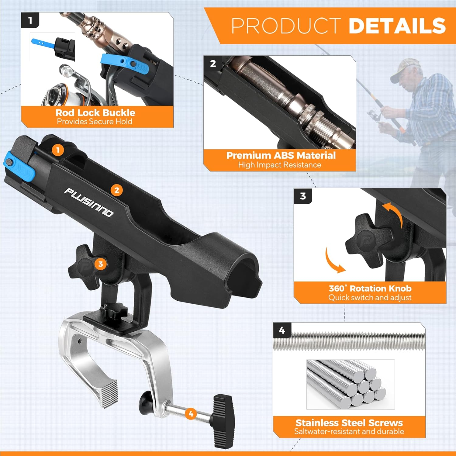 PLUSINNO Fishing Boat Rods Holder with Large Clamp Opening 360 Degree Adjustable Fishing Rod Racks Folding Holder &hellip; - Rh20 Max Opening1.97 Inch 1Pcs image number 7