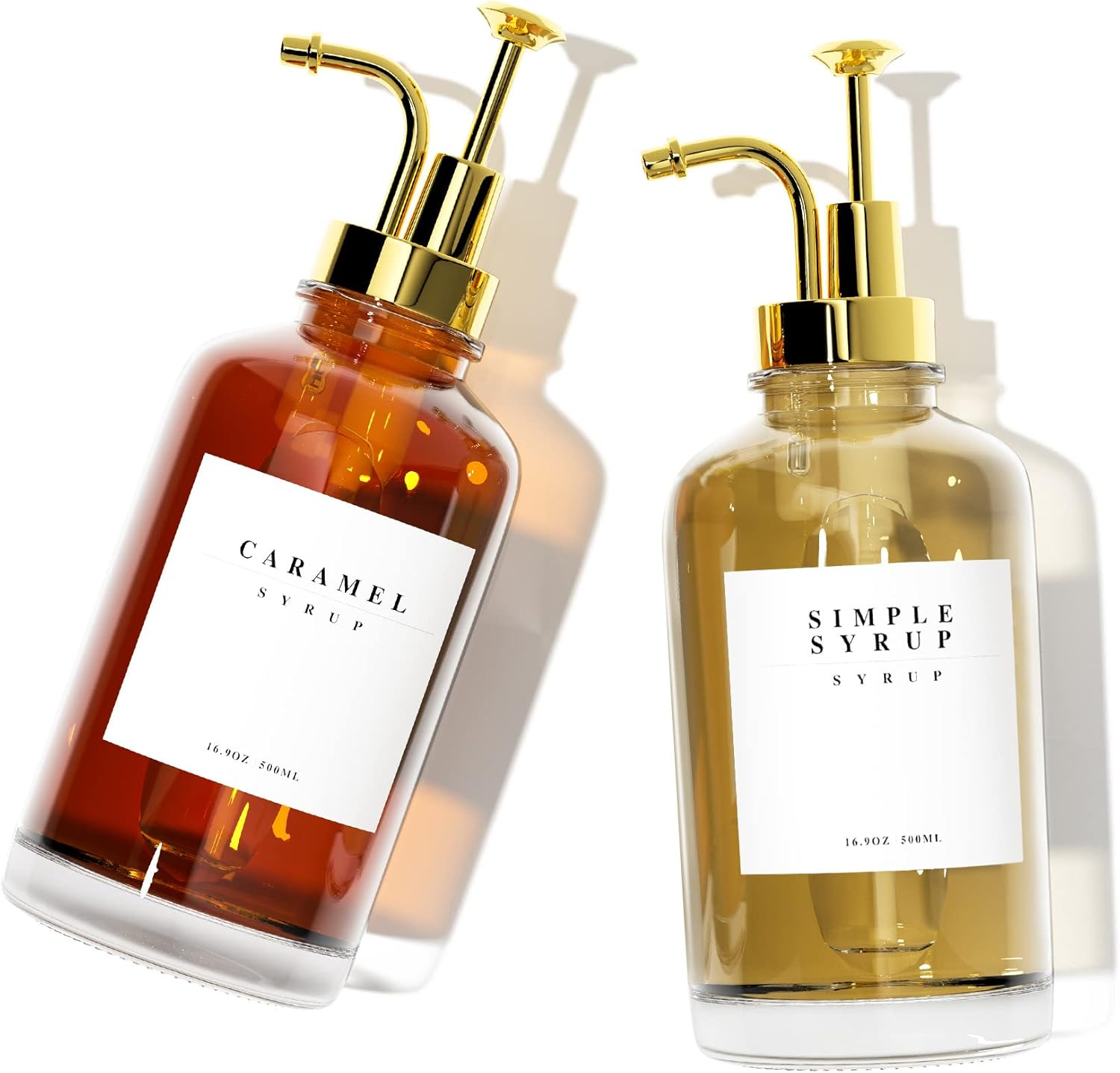 Coffee Syrup Dispenser for Bar Accessories，Coffee Pump Dispenser, Glass Syrup Bottle with Gold Pumps and 20 Labels, 16.9 Oz 500 Ml, Set of 2