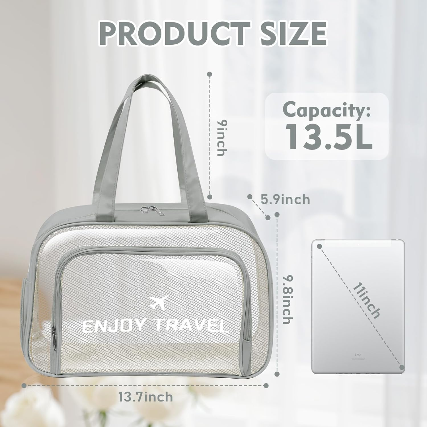 Waterproof Makeup Bag, Large Transparent Handbag, Moisture-Proof, Water-Proof, Sand-Proof, with Shoe Compartment, Suitable for Gyms, Swimming Pools, Beaches and Summer Vacations (Gray) image number 1