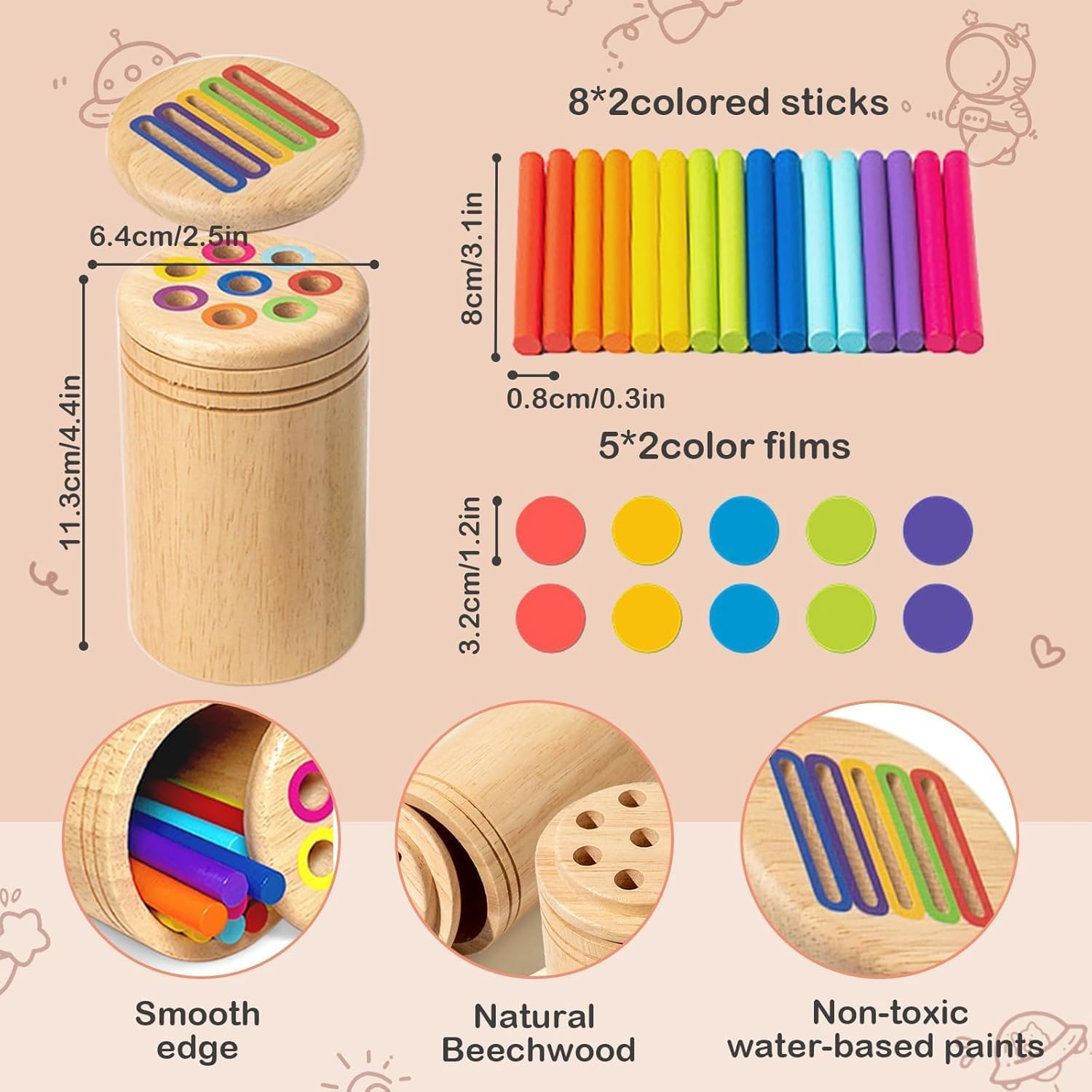TUNJEJINY Montessori Toys for 1-3 Year Old, Dual Play Wooden Color Sorting Toys Preschool Learning Activities, Fine Motor Sensory Matching Games for Toddlers 3-5 Girl Boy Gifts image number 4